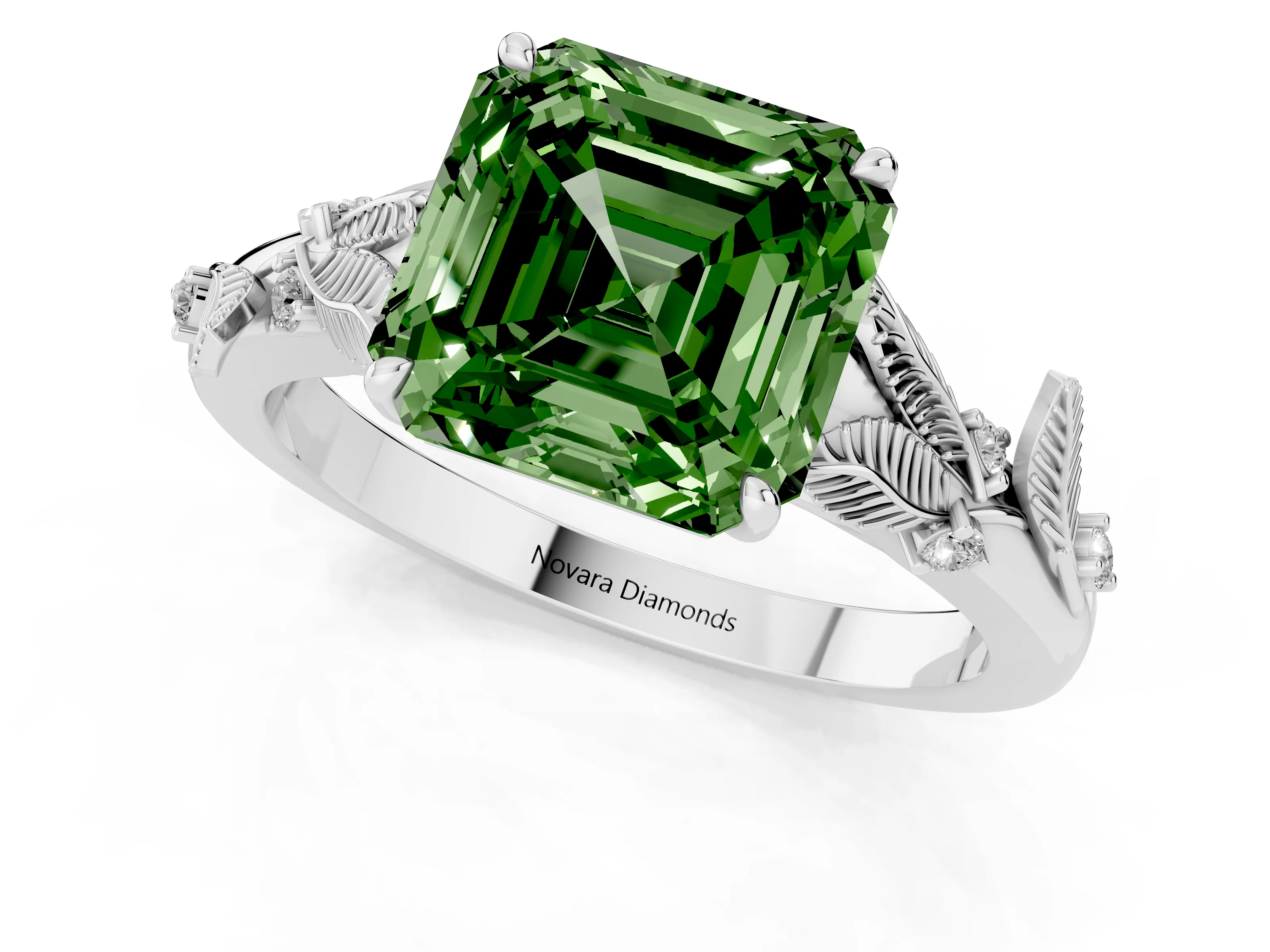 Fancy Green Asscher Cut Diamond Solitaire Ring Set in White gold with Leaf Motif Band