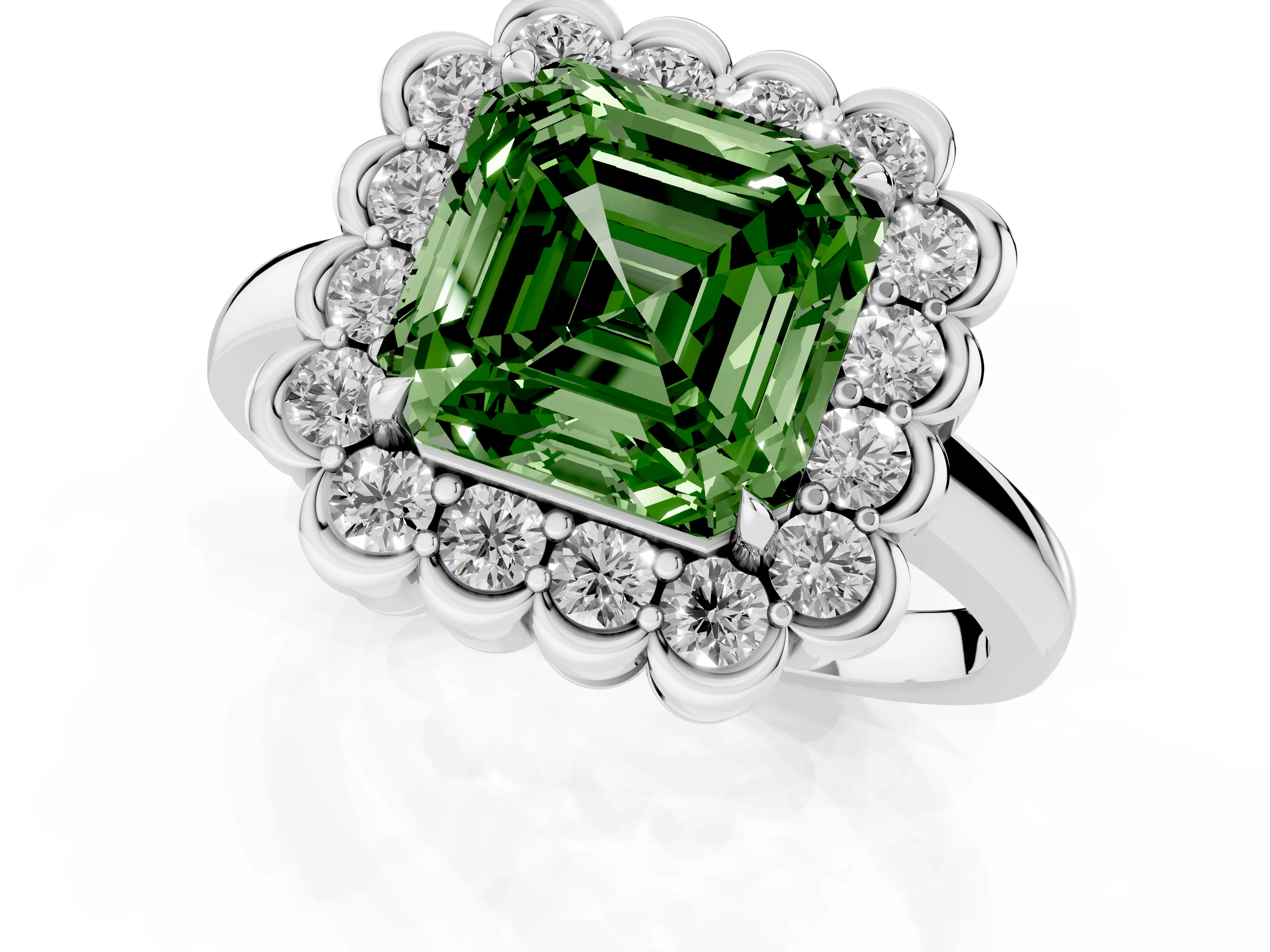 Fancy Green Asscher Cut Diamond Halo Cluster Engagement Ring Set in Platinum with Solitaire Band and Prong Setting