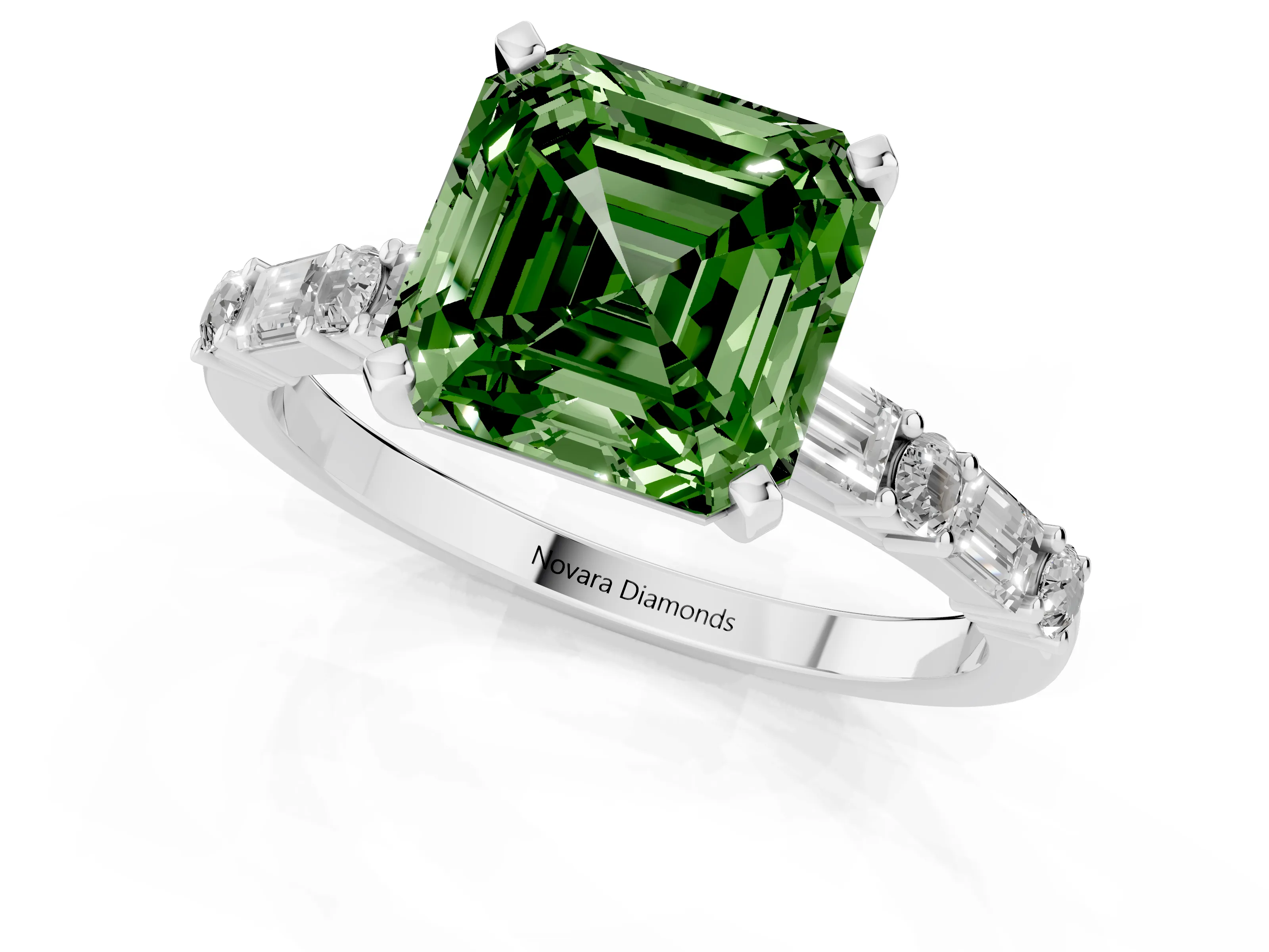 Fancy Green Asscher Cut Diamond Solitaire Set in White gold with Side Baguettes and Channel Set Band