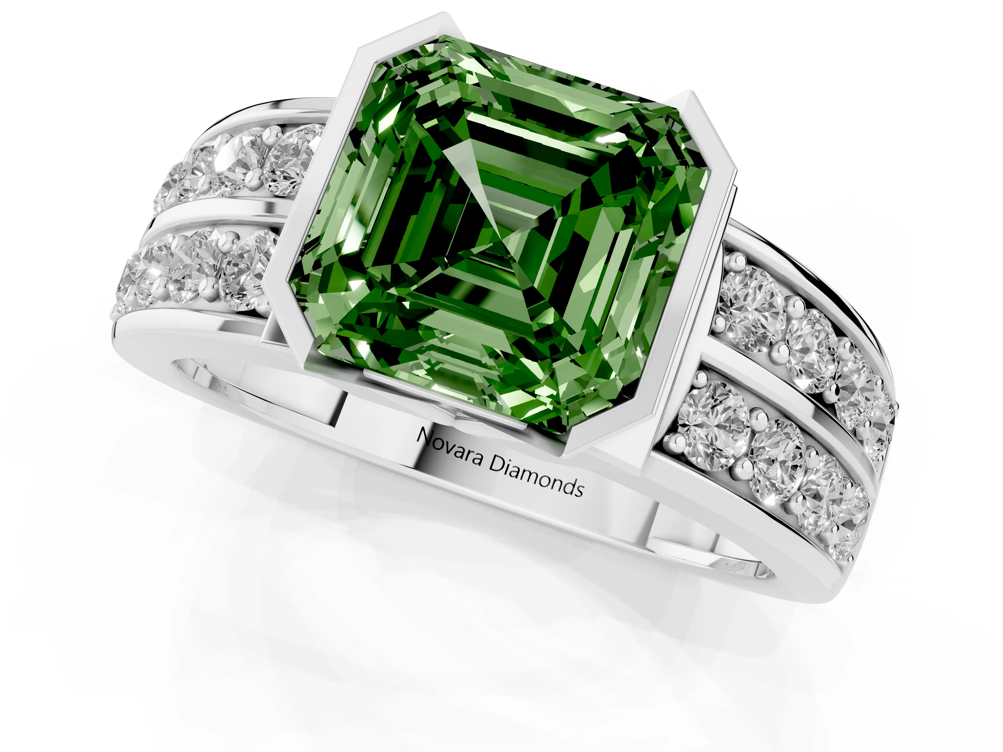 Fancy Green Asscher Cut Diamond Wide Channel Set Band Ring Set in Platinum with Bezel Setting