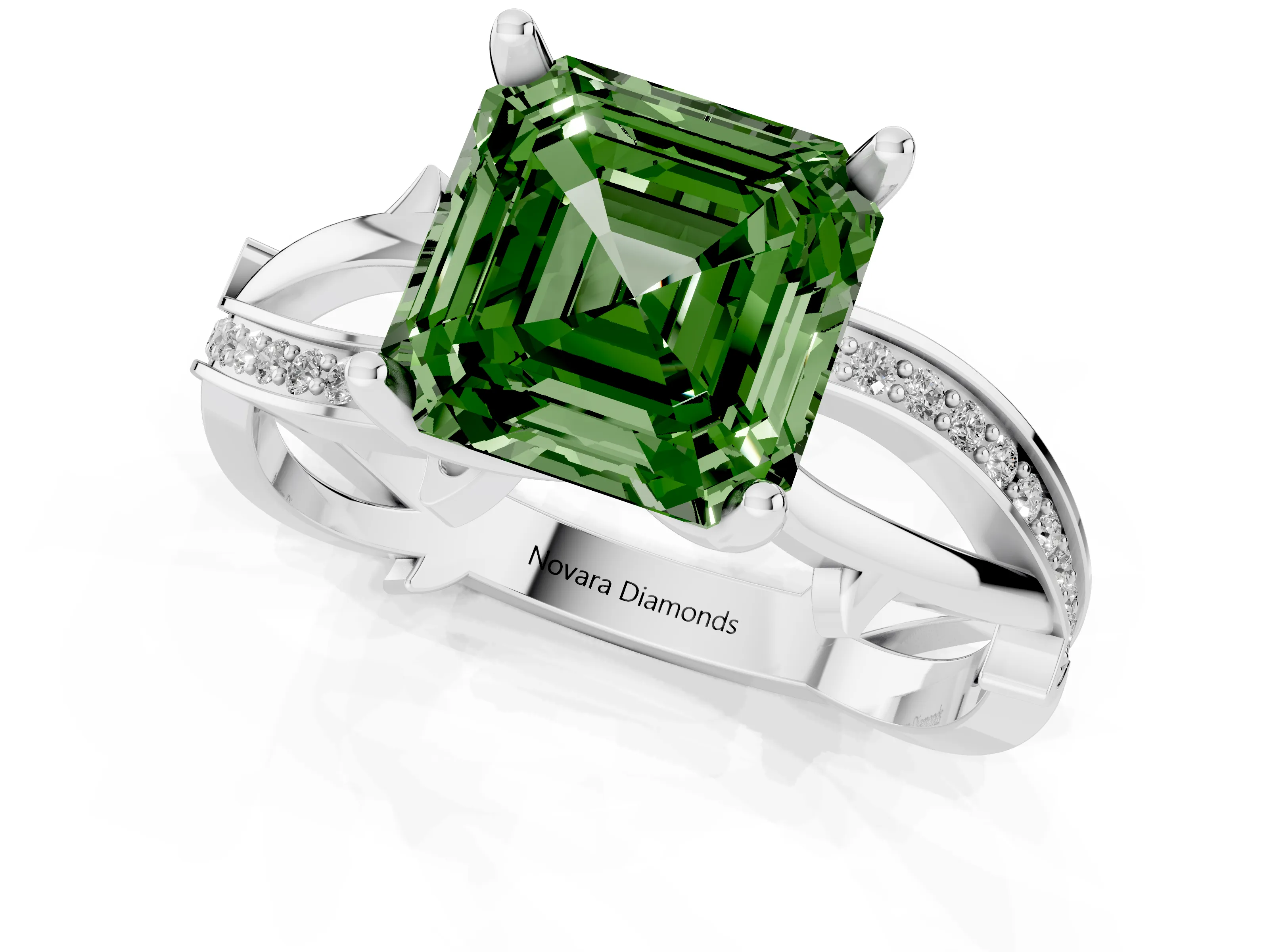 Fancy Green Asscher Cut Diamond Pavé Twist Band Solitaire Ring Set in Silver with Prong Setting