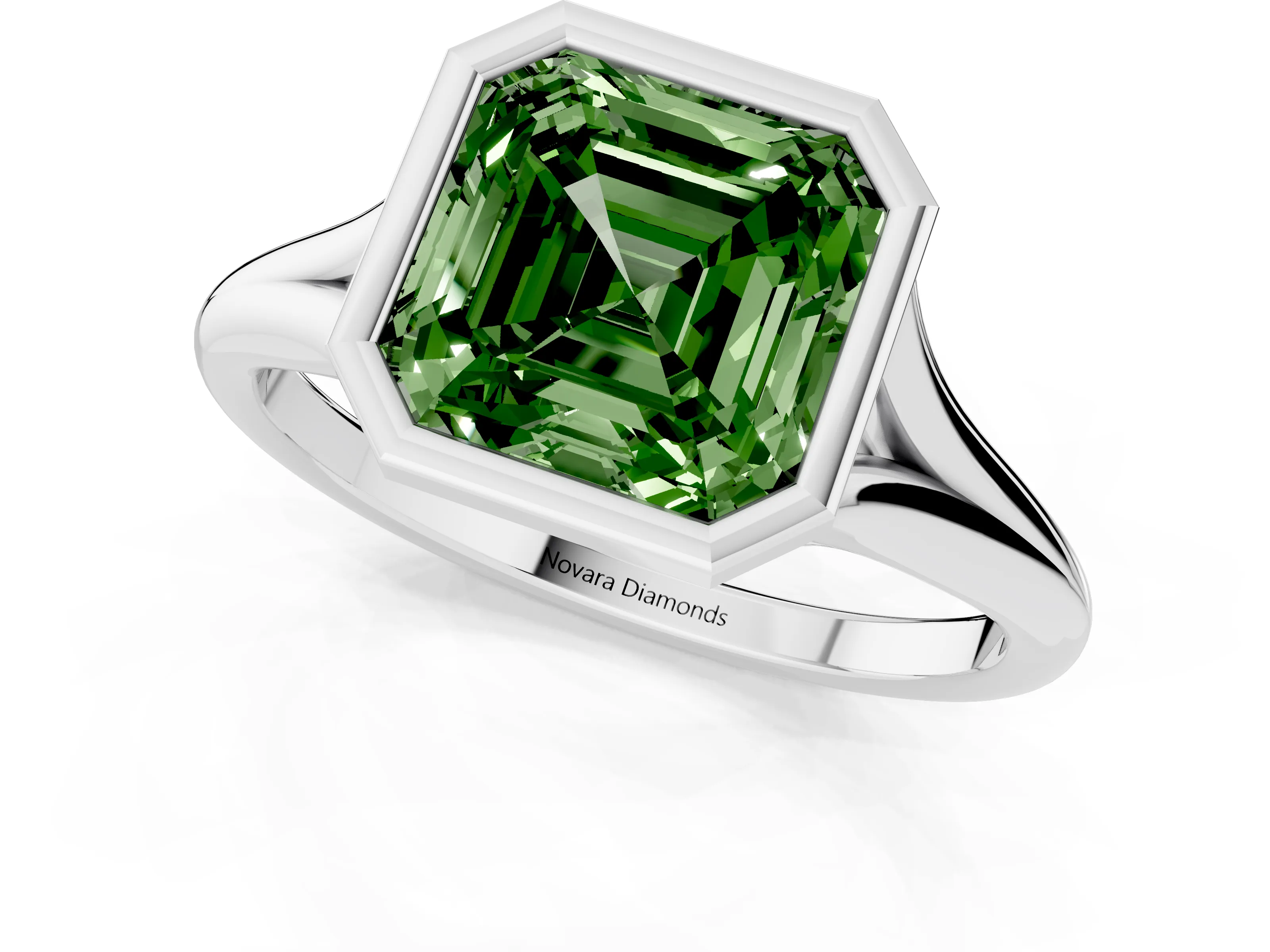 Fancy Green Bezel Set Asscher Cut Diamond Solitaire Ring Set in White gold with Tapered Band