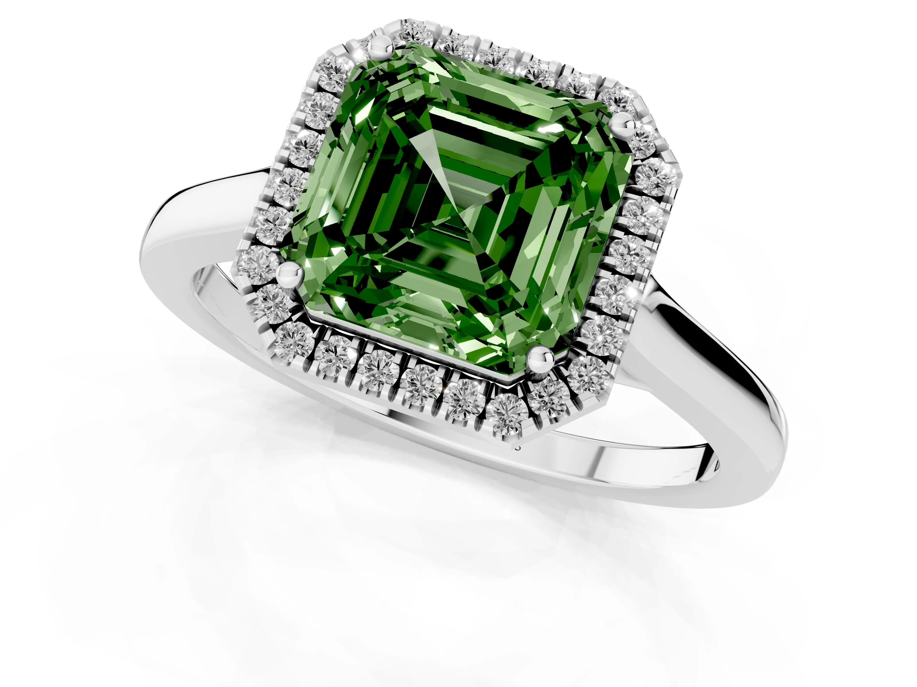 Fancy Green Asscher Cut Halo Round Diamond Solitaire Ring Set in White gold with Pavé Band and Prong Setting
