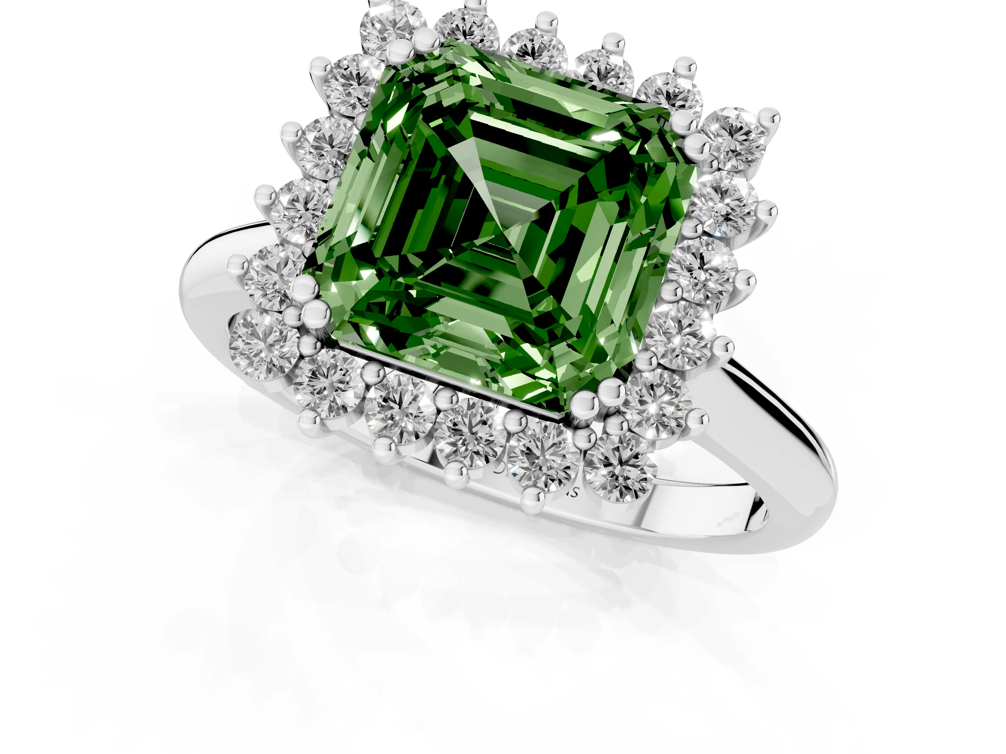 Fancy Green Asscher Cut Diamond Halo Ring Set in Platinum with Plain Solitaire Band and Prong Setting