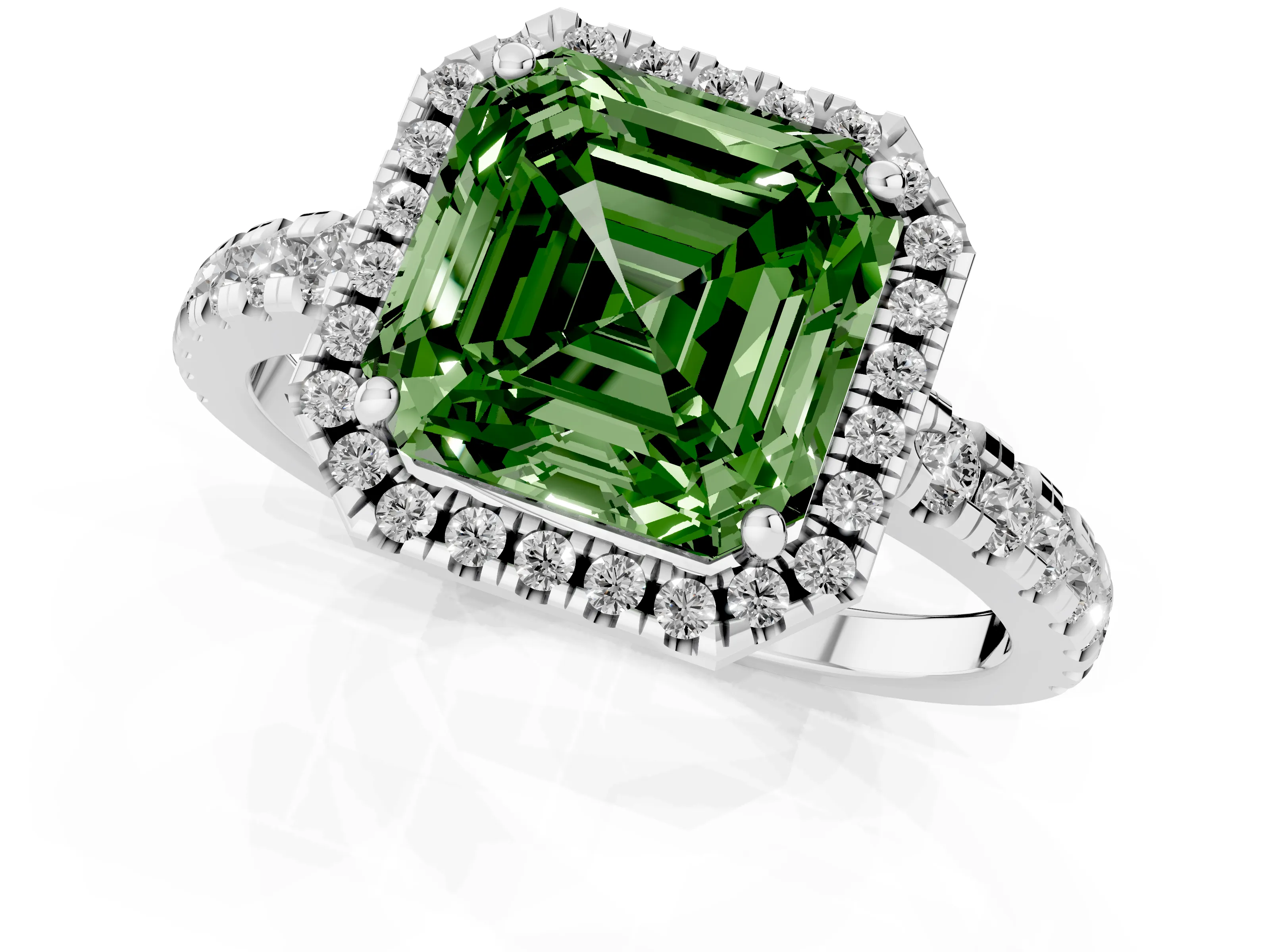 Fancy Green Asscher Cut Diamond Halo Ring Set in Silver with Delicate Pavé Band and Prong Setting