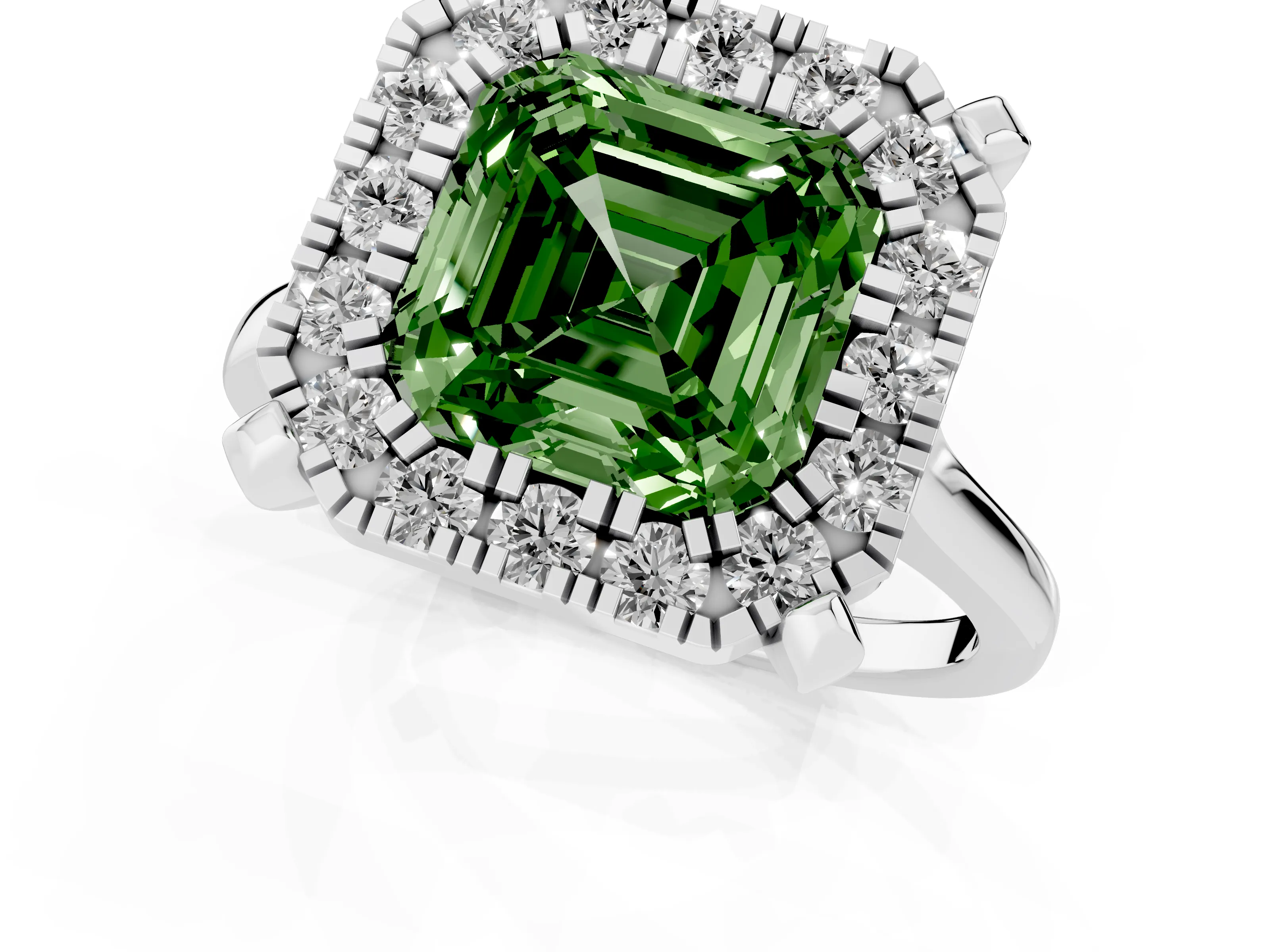 Fancy Green Asscher Cut Diamond Cluster Halo Solitaire Ring Set in Silver with Prong Setting