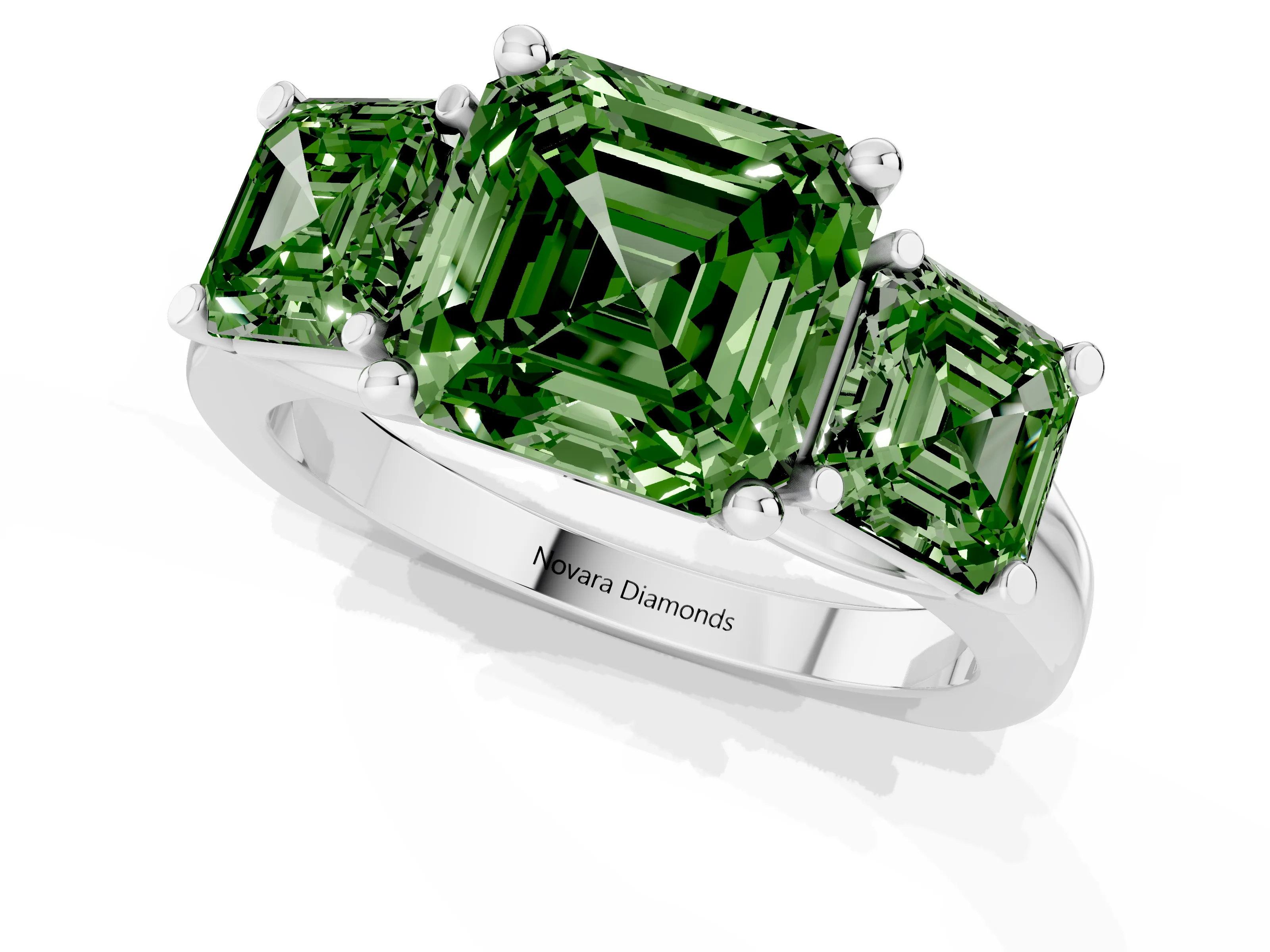 Fancy Green Asscher Cut Diamond Three-Stone Trellis Ring Set in White gold with Comfort Fit Band