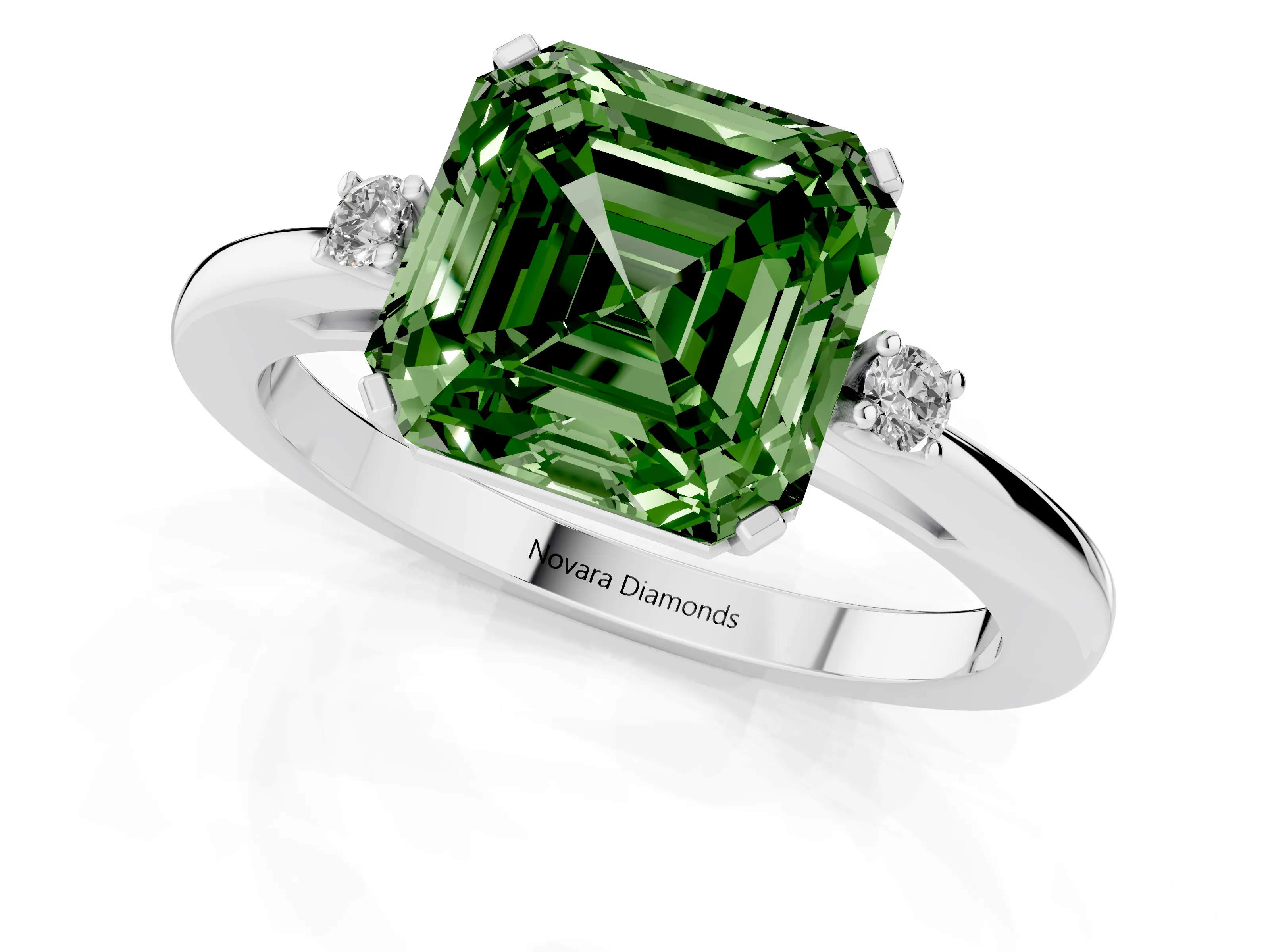 Fancy Green Three-Stone Asscher Cut Diamond Solitaire Ring Set in White gold with Round Accent Stones and Prong Setting