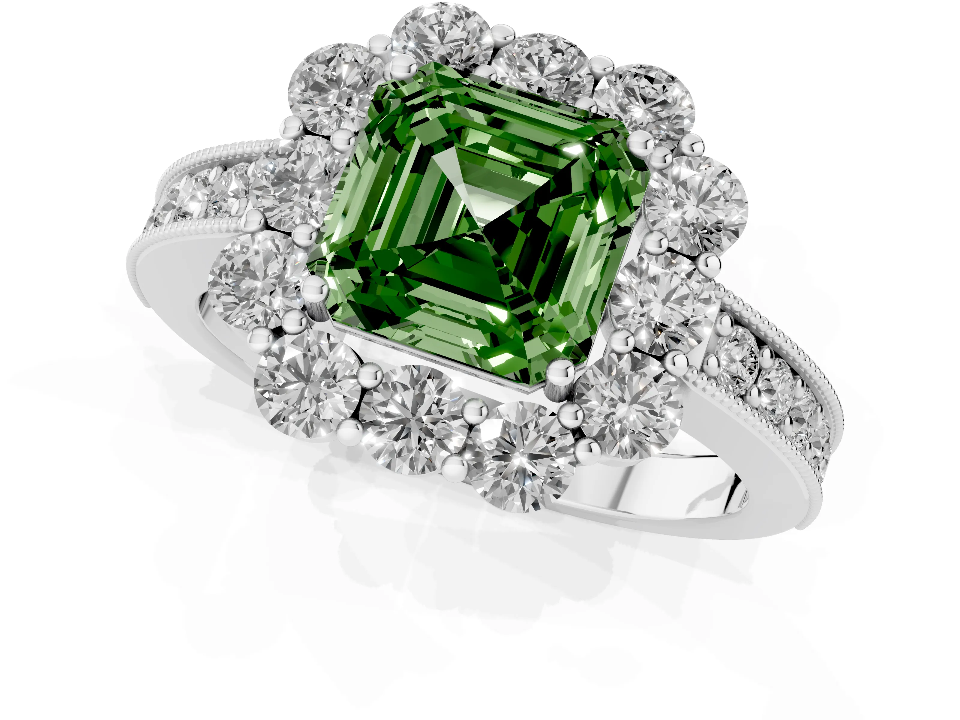 Fancy Green Asscher Cut Diamond Halo Pavé Engagement Ring Set in White gold with Milgrain Detailing