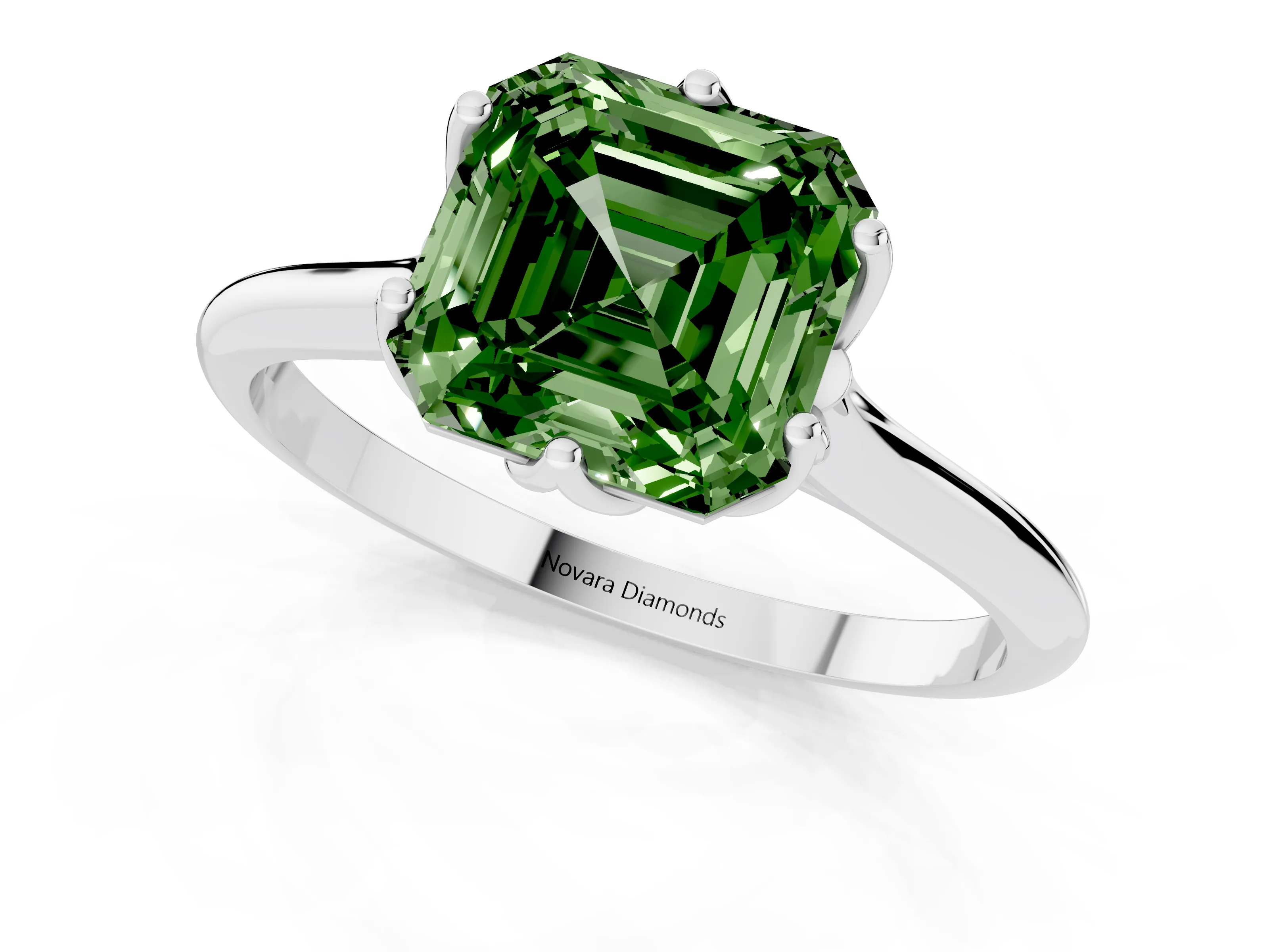 Fancy Green Asscher Cut Diamond Solitaire Cathedral Ring Set in Platinum with Prong Setting