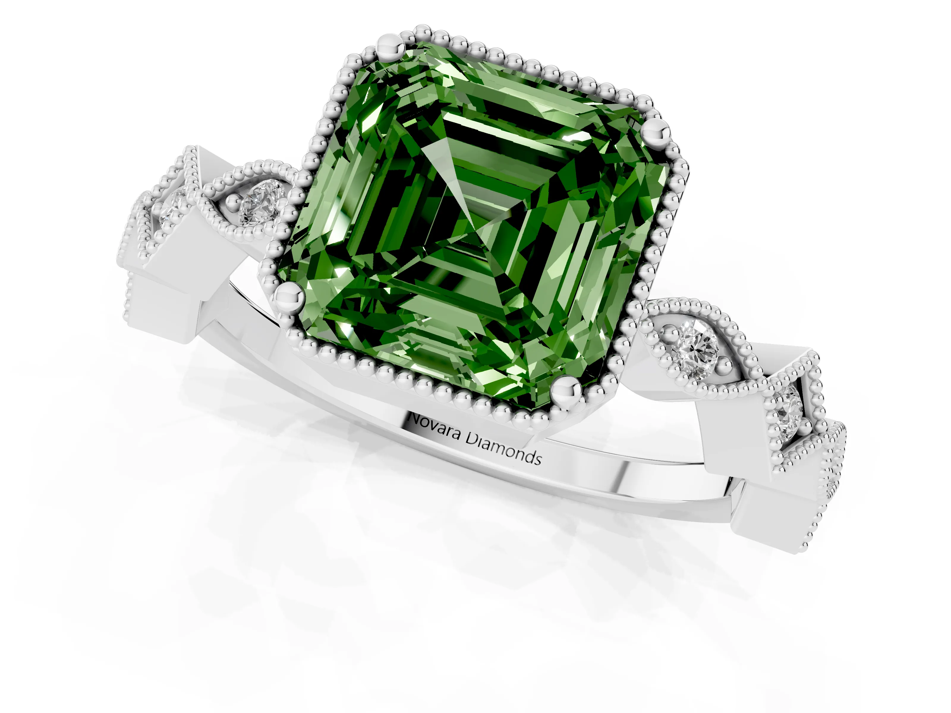 Fancy Green Asscher Cut Diamond Milgrain Marquise Twist Band Ring Set in Platinum with Prong Setting