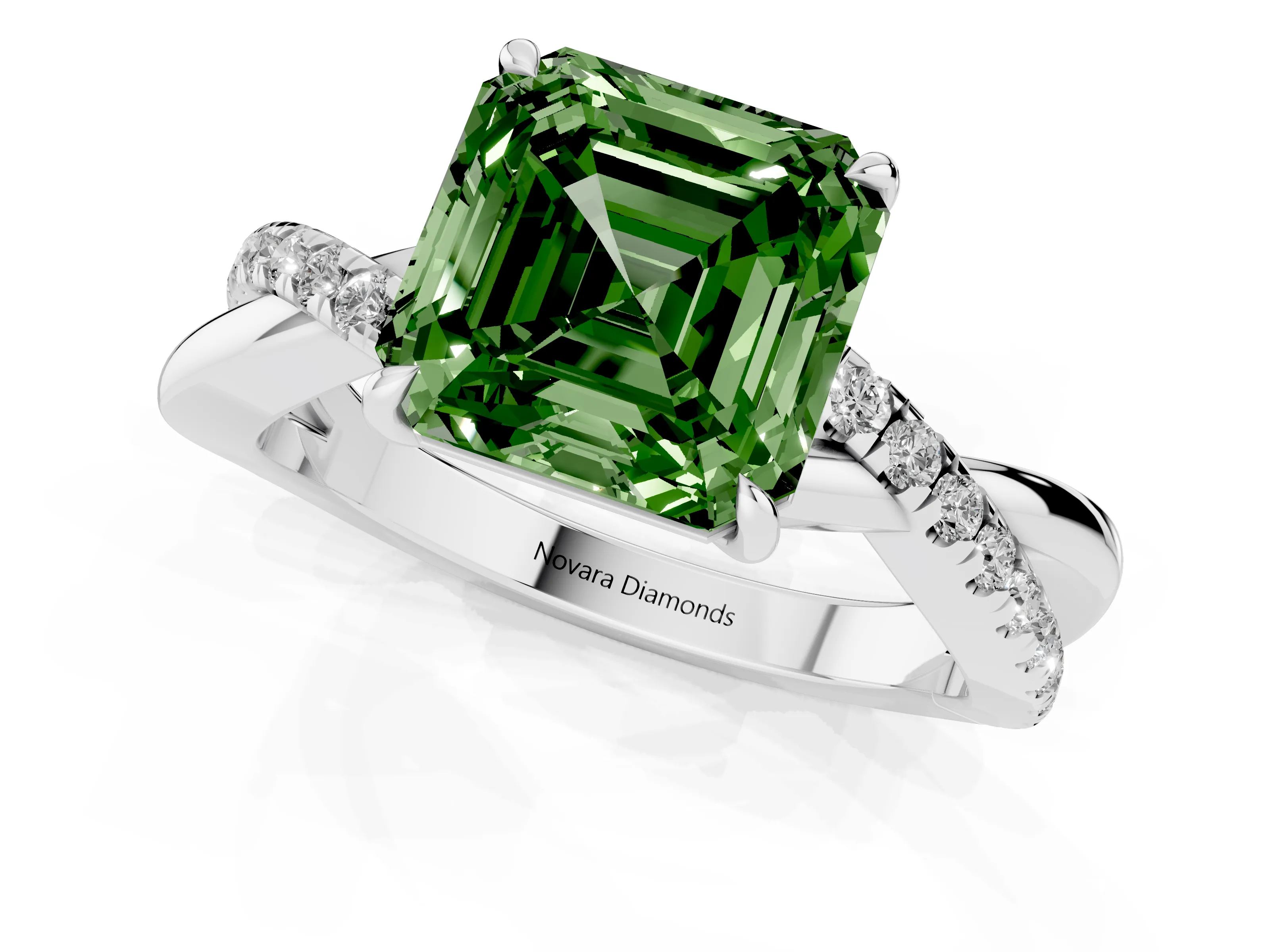 Fancy Green Asscher Cut Diamond Twisted Pavé Band Ring Set in Silver with Prong Setting