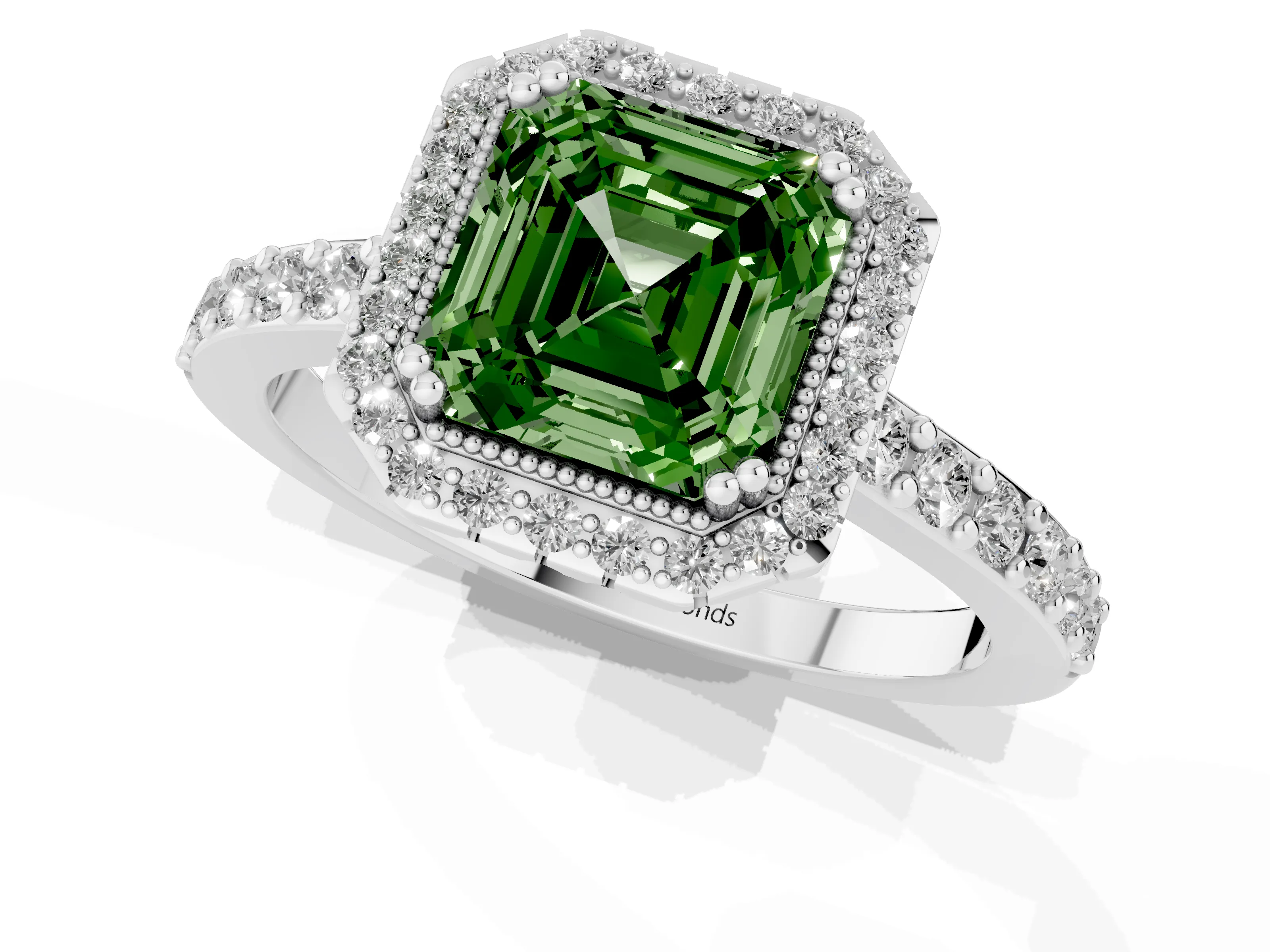 Fancy Green Asscher Cut Diamond Halo Engagement Ring Set in Platinum with Milgrain Detail and Pavé Band