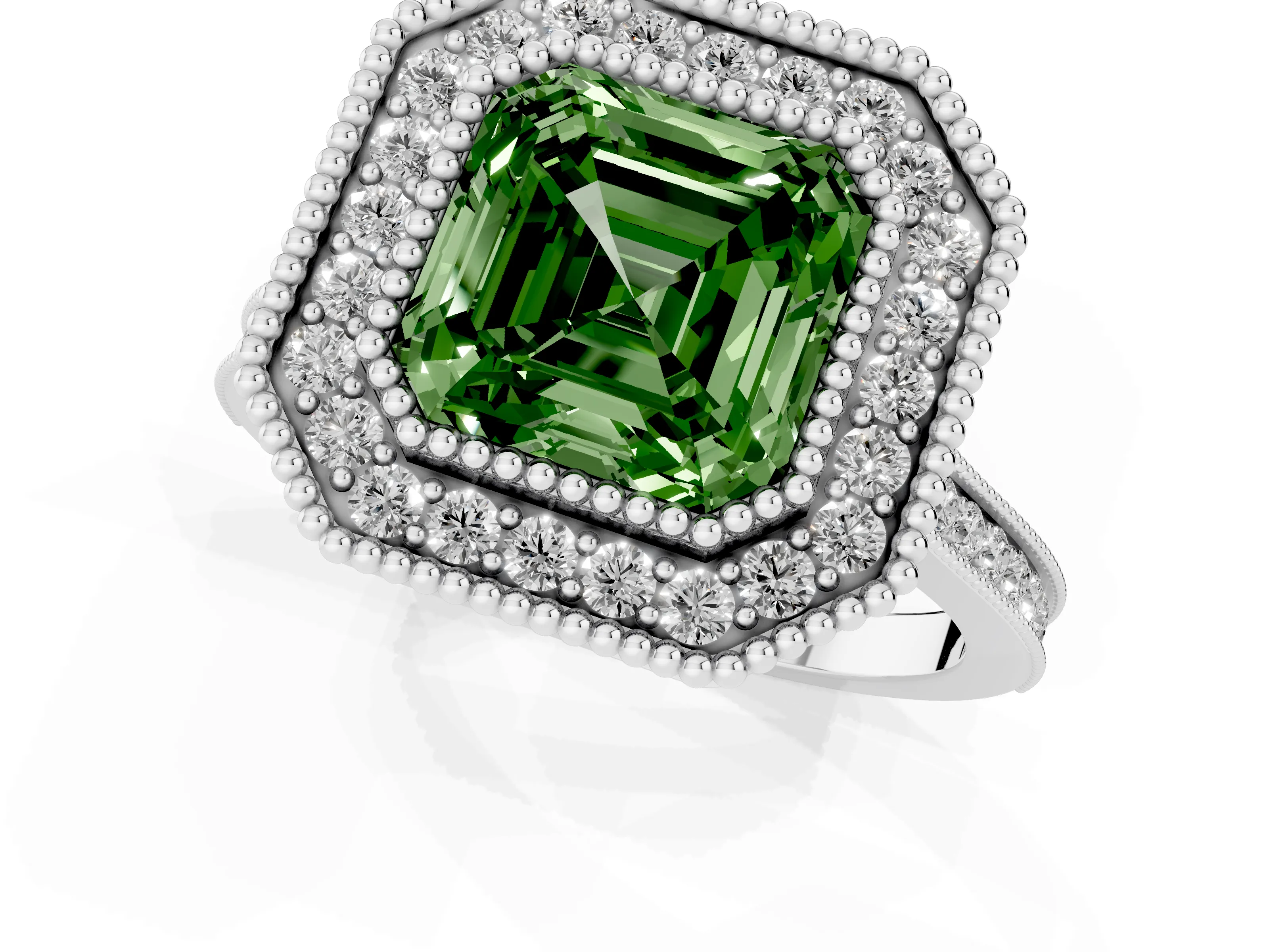 Fancy Green Asscher Cut Diamond Halo Ring Set in White gold with Milgrain Frame and Pavé Band