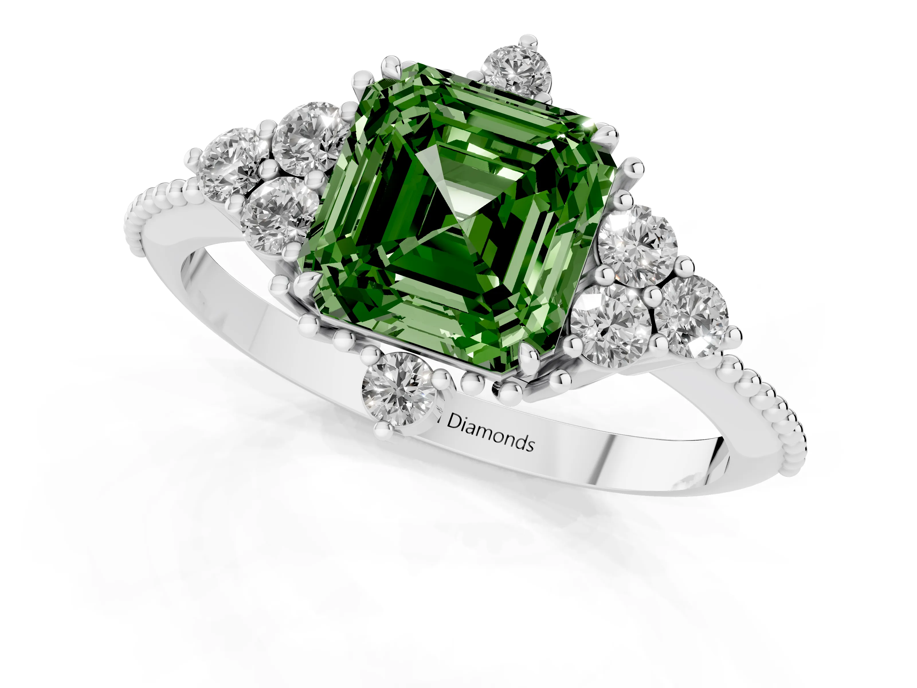 Fancy Green Asscher Cut Diamond Cluster Ring Set in Silver with Beaded Band