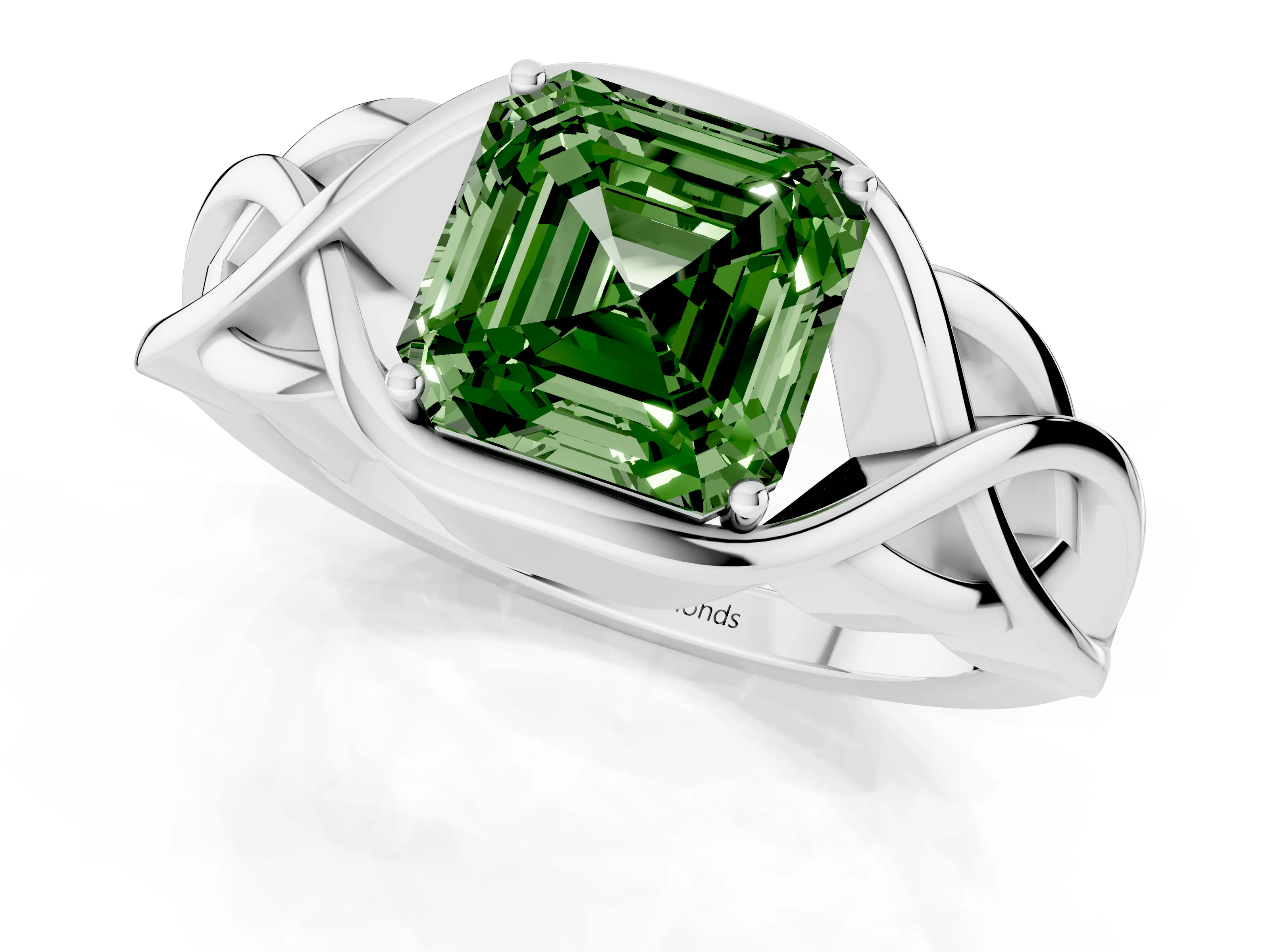 Fancy Green Asscher Cut Diamond Solitaire Ring Set in Silver with Intertwined Band