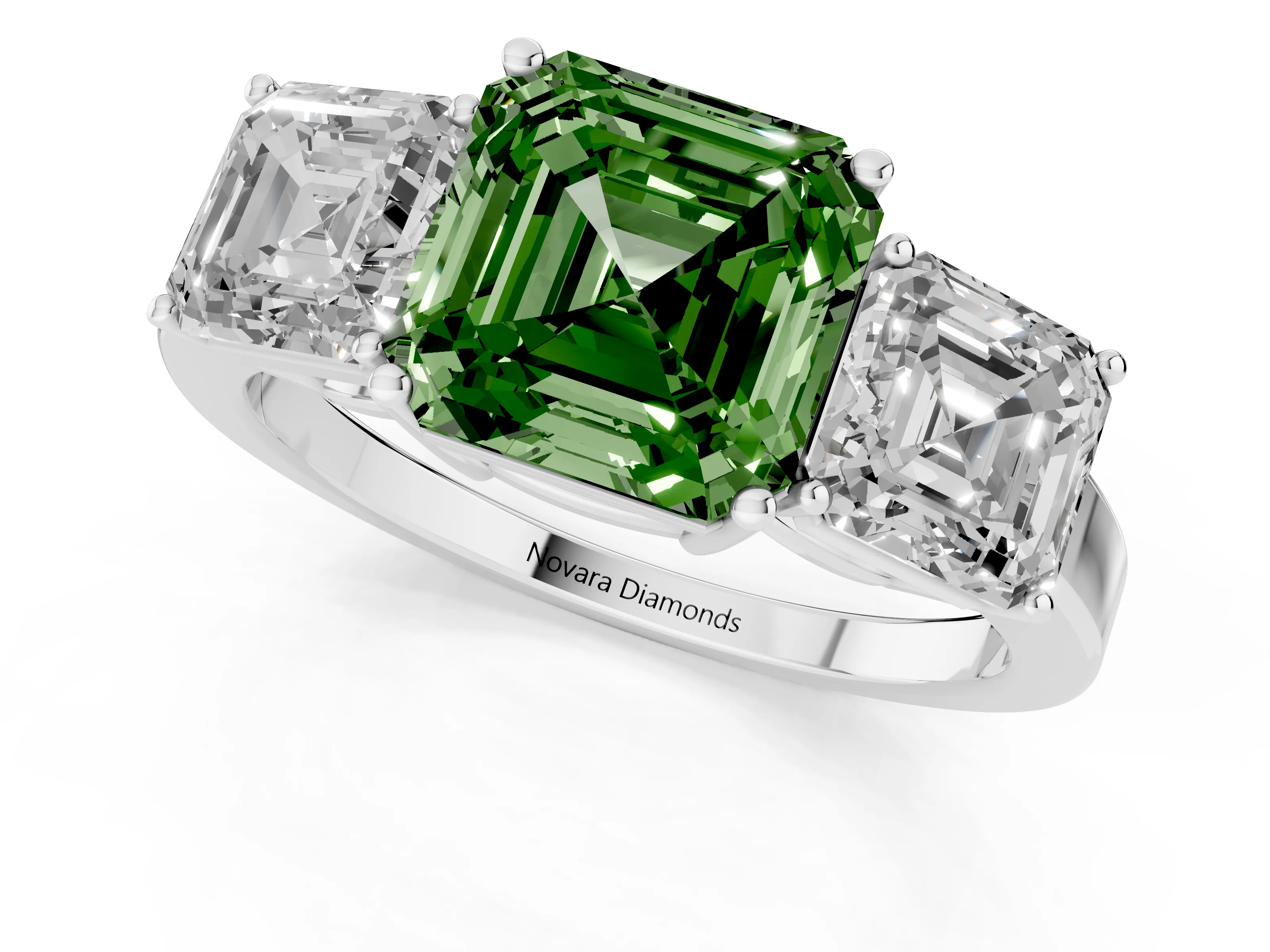 Fancy Green Asscher Cut Diamond Three-Stone Engagement Ring Set in White gold with Flat Band