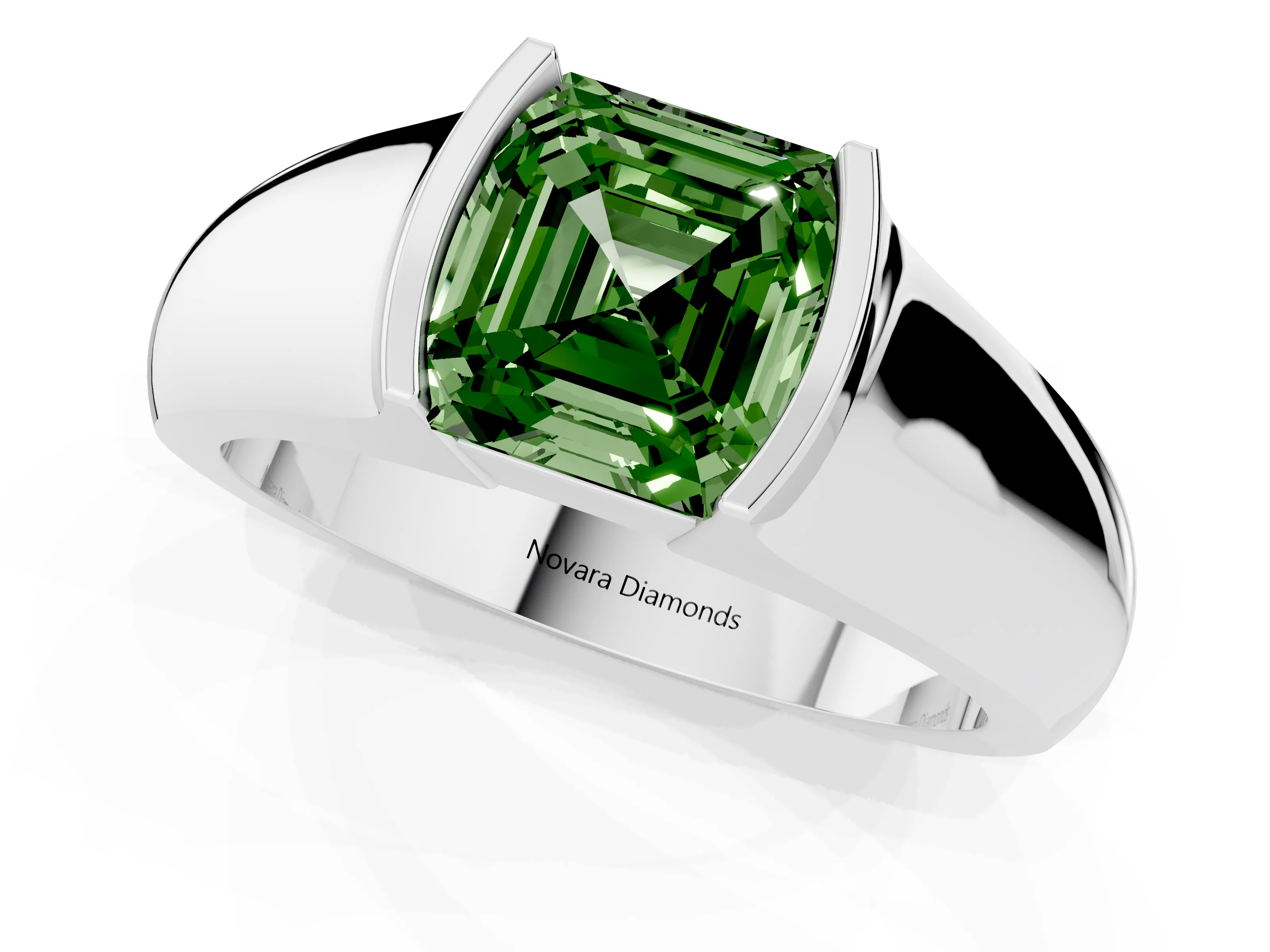 Fancy Green Asscher Cut Diamond Bezel Solitaire Ring Set in White gold with Wide Band