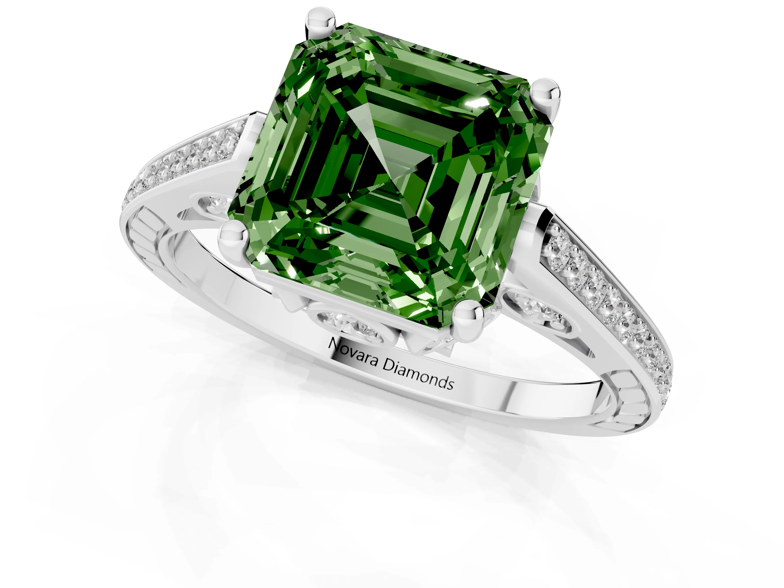 Fancy Green Asscher Cut Diamond Cathedral Pavé Engagement Ring Set in Silver with Prong Setting