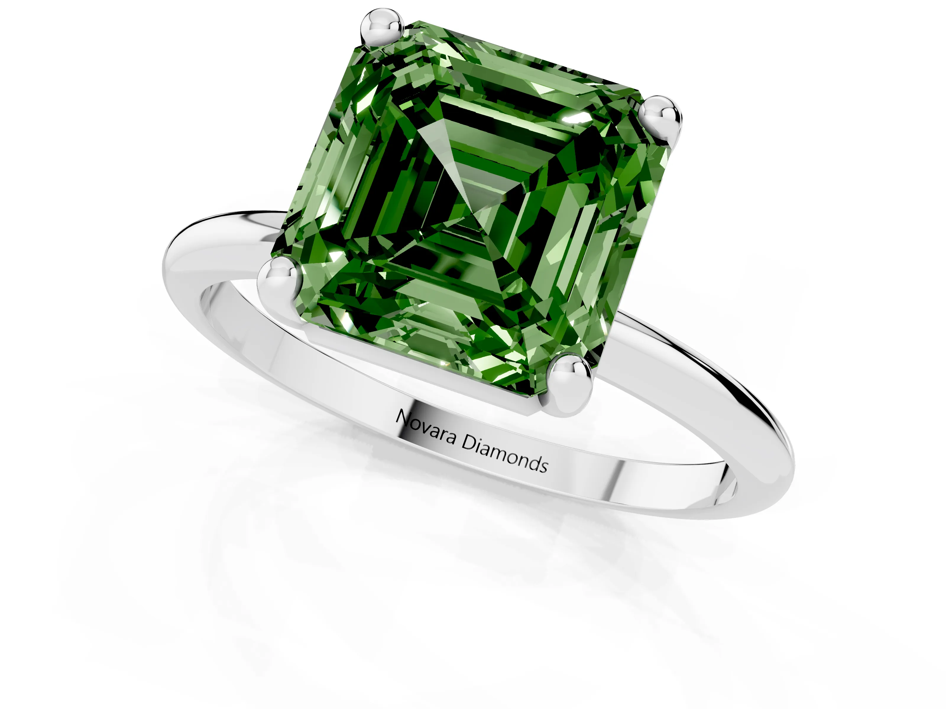 Fancy Green Asscher Cut Diamond Solitaire Ring Set in Silver with Secure Prong Setting on a Classic Band