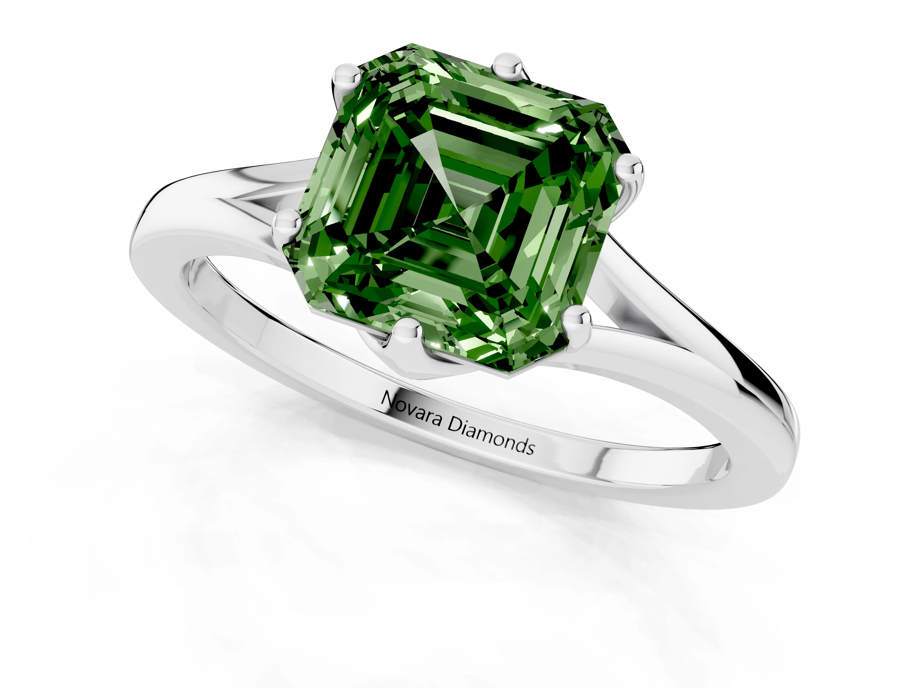 Fancy Green Asscher Cut Diamond Solitaire Ring Set in White gold with Polished Tapered Band and Prong Setting