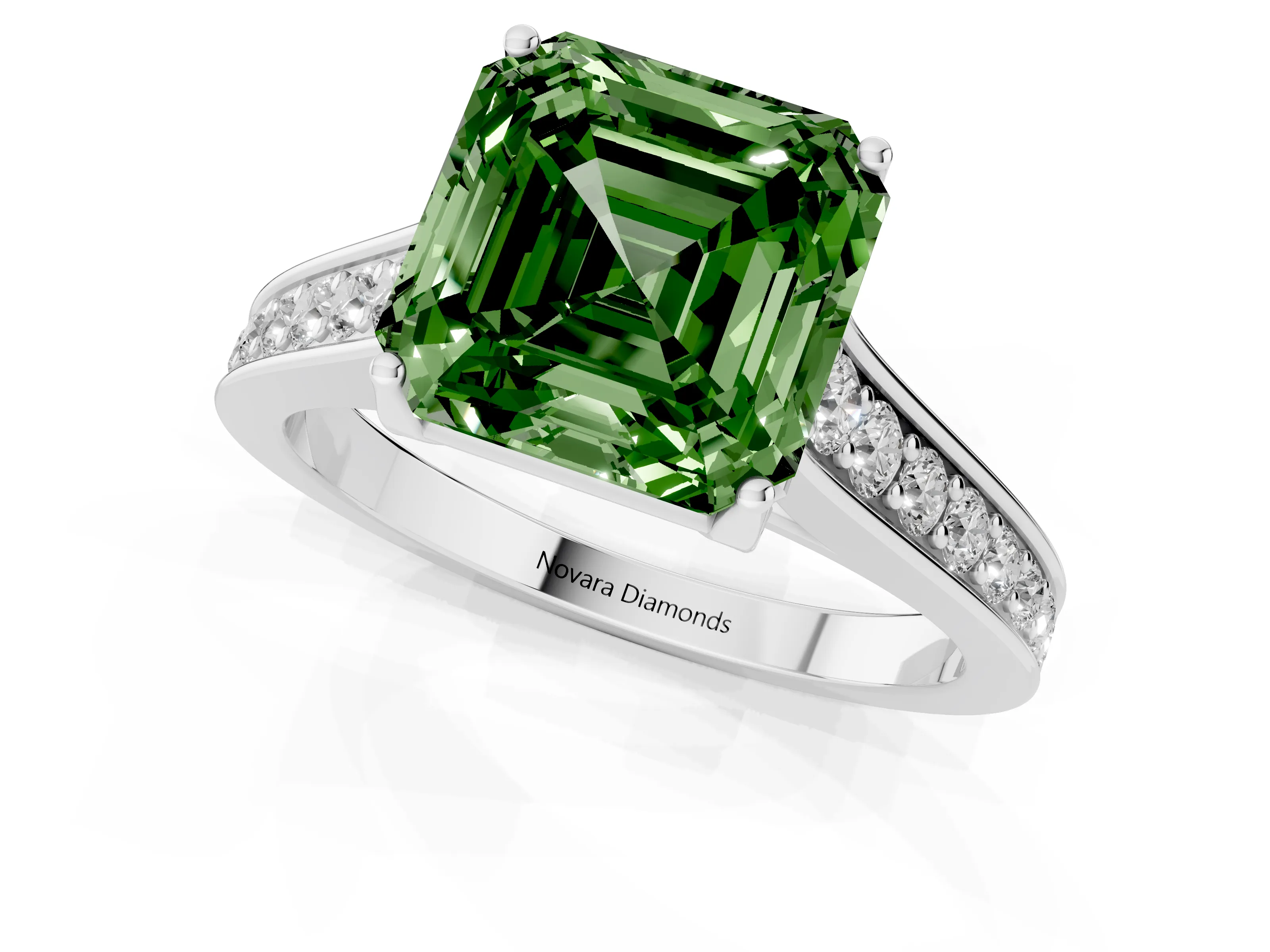 Fancy Green Asscher Cut Diamond Solitaire Pavé Engagement Ring Set in White gold with Prong Setting