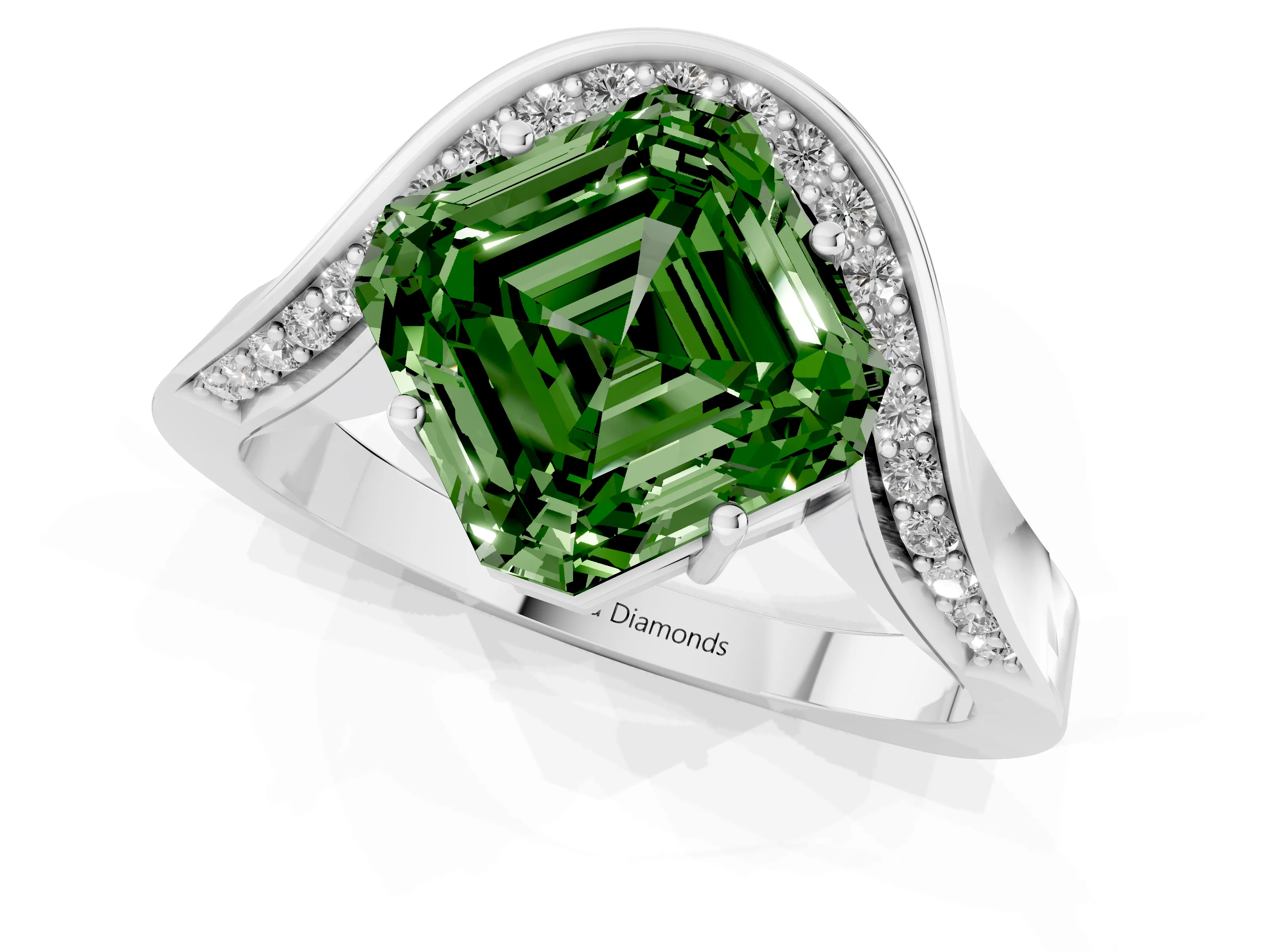 Fancy Green Asscher Cut Diamond Solitaire Engagement Ring Set in Platinum with Pavé Shoulders