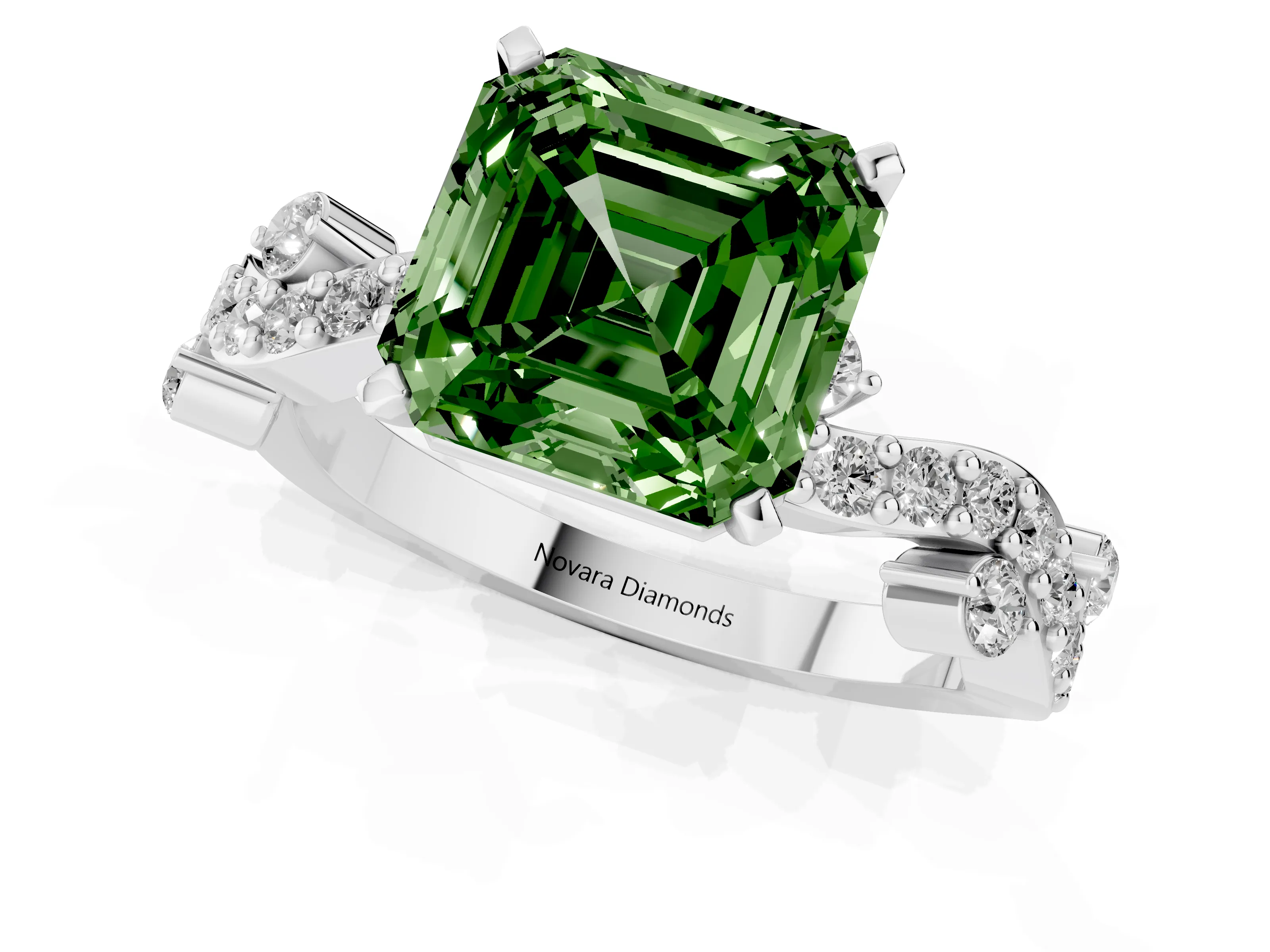 Fancy Green Asscher Cut Diamond Solitaire Twisted Band Set in White gold with Pavé Setting