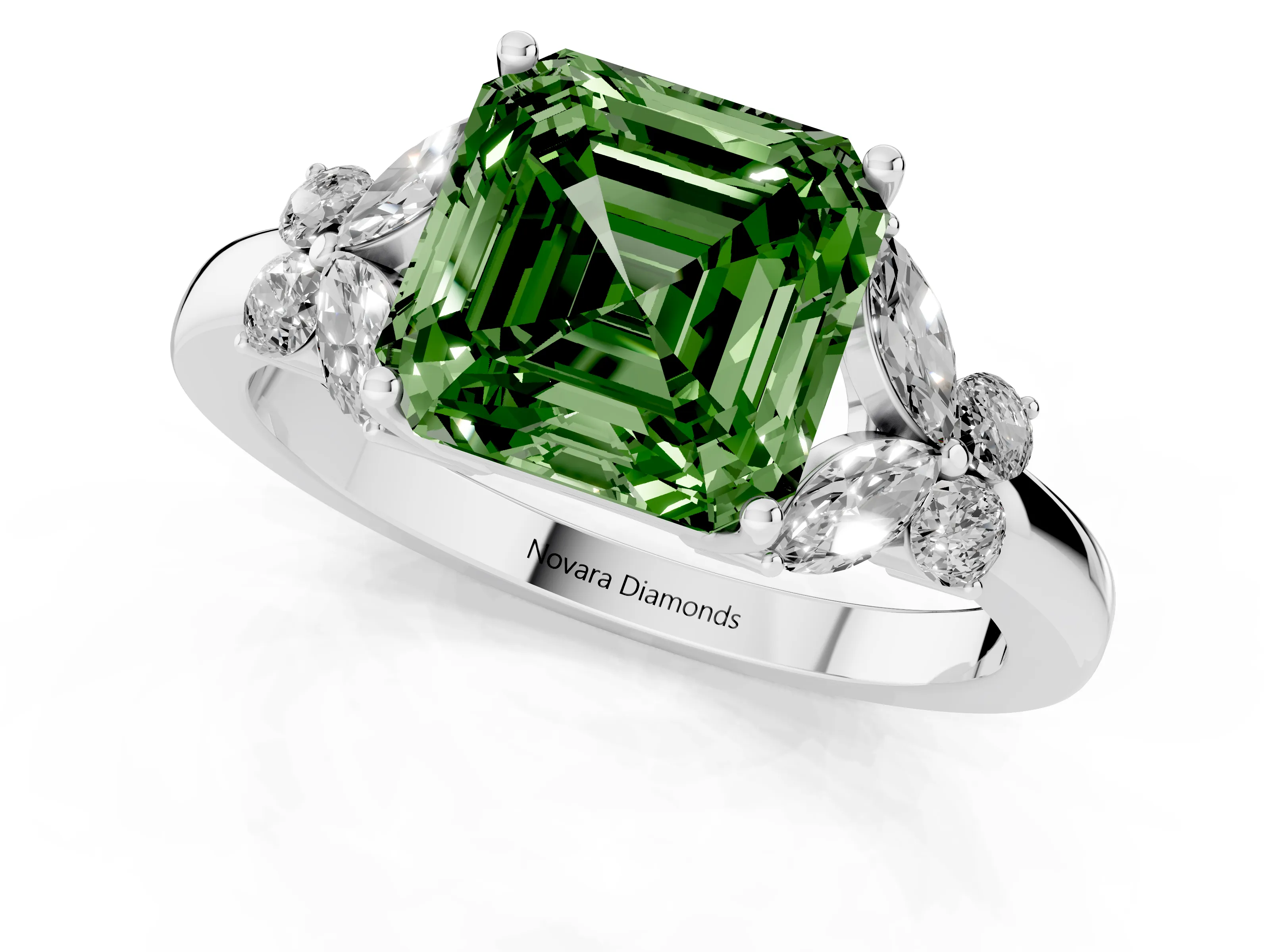 Fancy Green Asscher Cut Diamond Solitaire Floral Ring Set in Platinum with Marquise Petals and Prong Setting