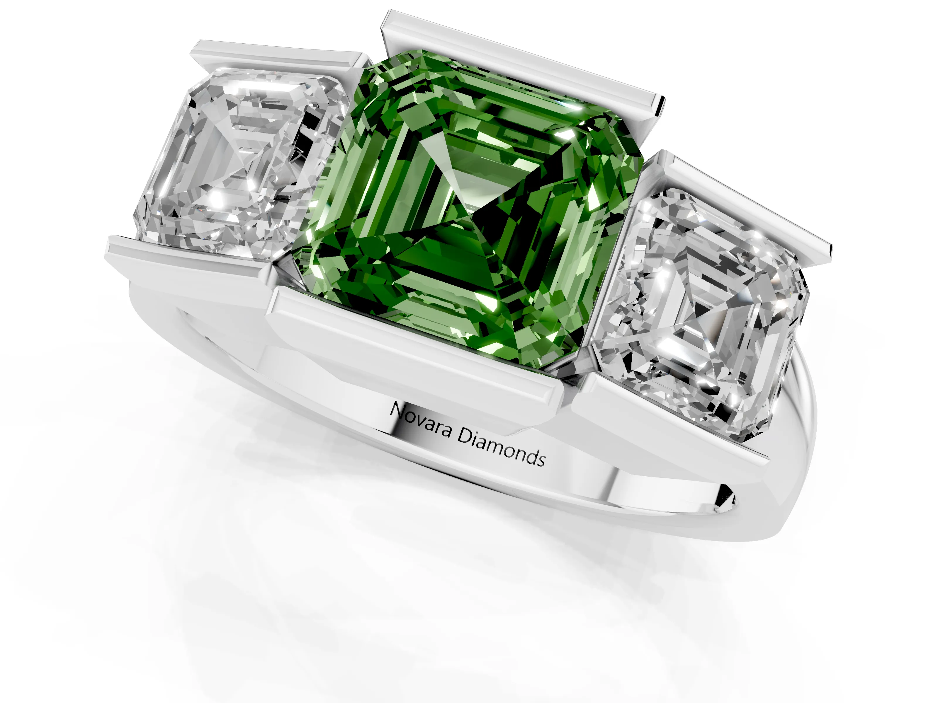 Fancy Green Asscher Cut Diamond Three-Stone Channel Set Ring Set in White gold with Smooth Polished Band