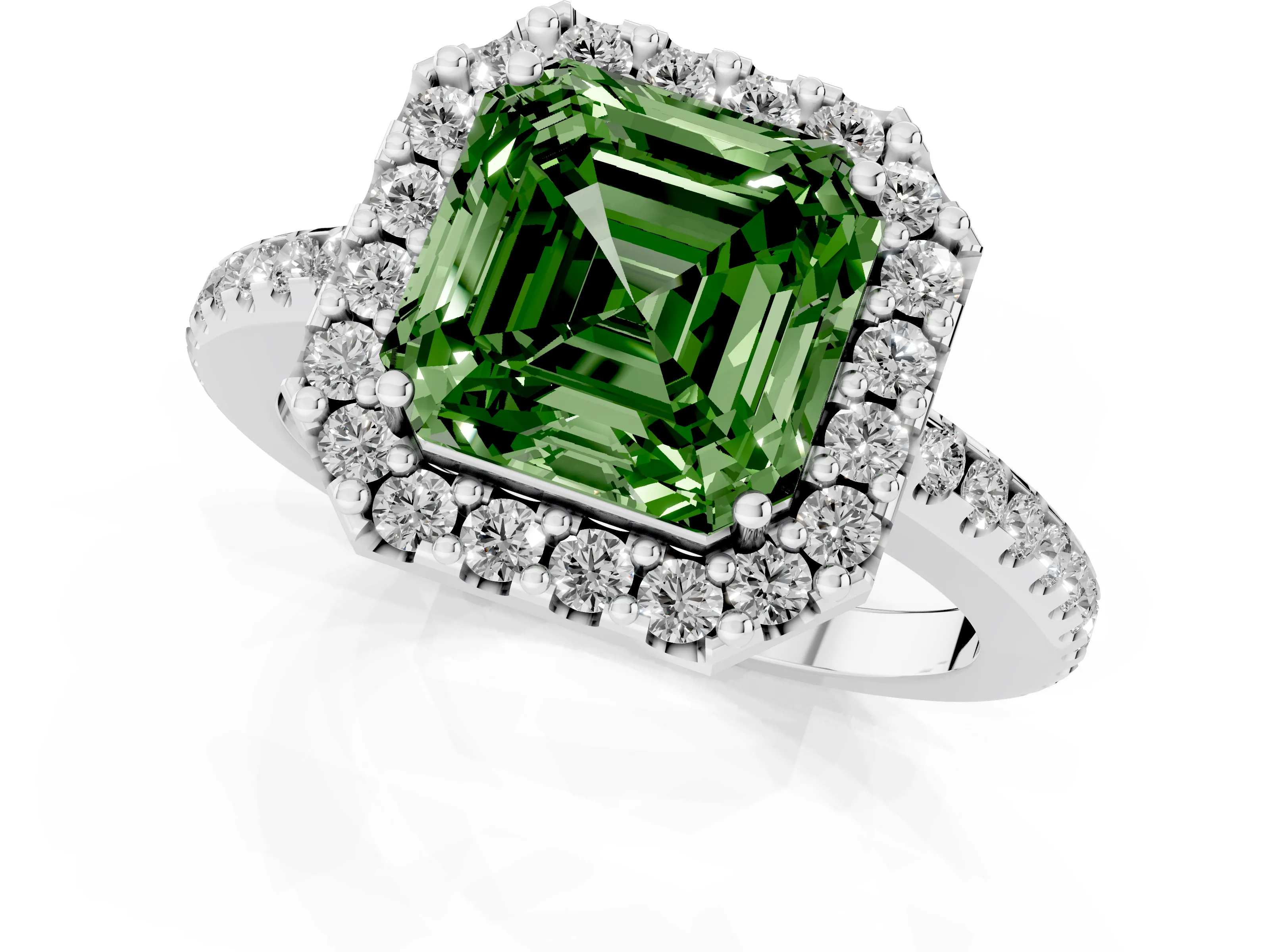 Fancy Green Asscher Cut Diamond Pavé Halo Ring Set in Silver with Prong Setting