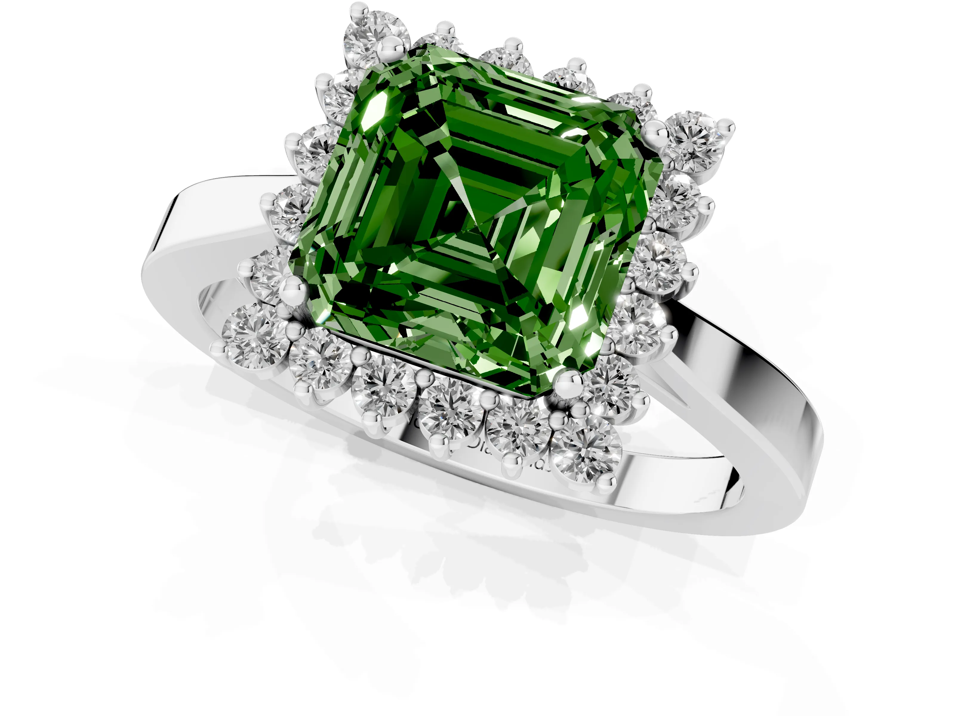 Fancy Green Asscher Cut Diamond Halo Ring Set in White gold with Round Halo and Smooth Solitaire Band