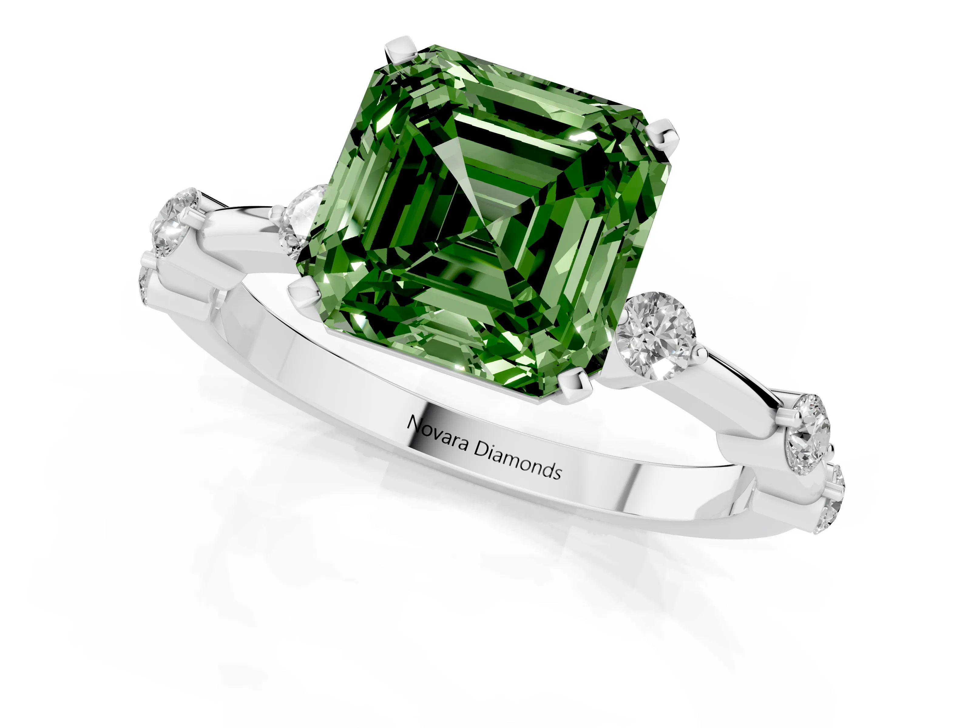 Fancy Green Asscher Cut Diamond Solitaire Ring Set in Platinum with Bezel Set Side Stones and Prong Setting
