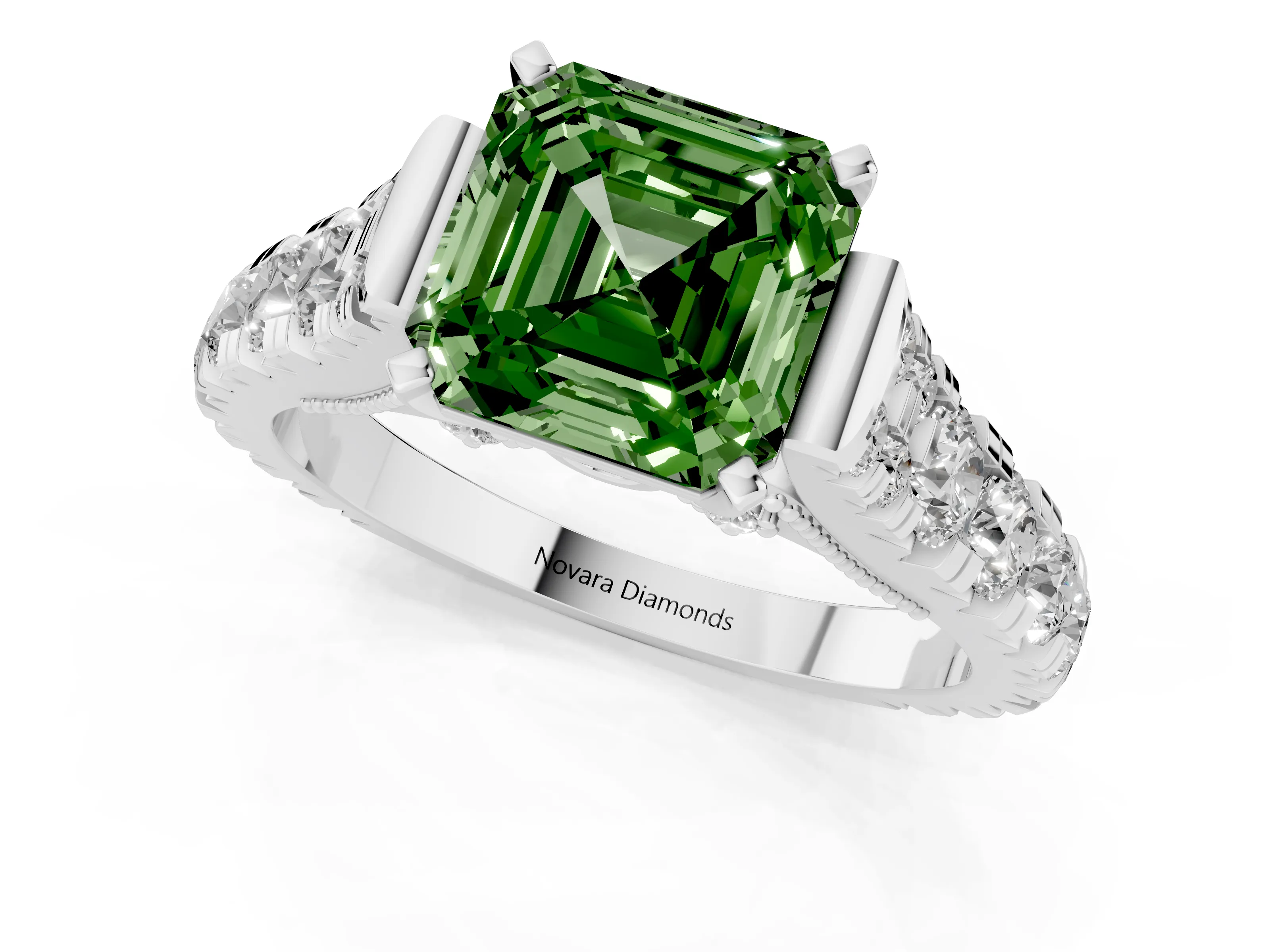 Fancy Green Asscher Cut Diamond Classic Solitaire Ring Set in White gold with Pavé Band and Prong Setting