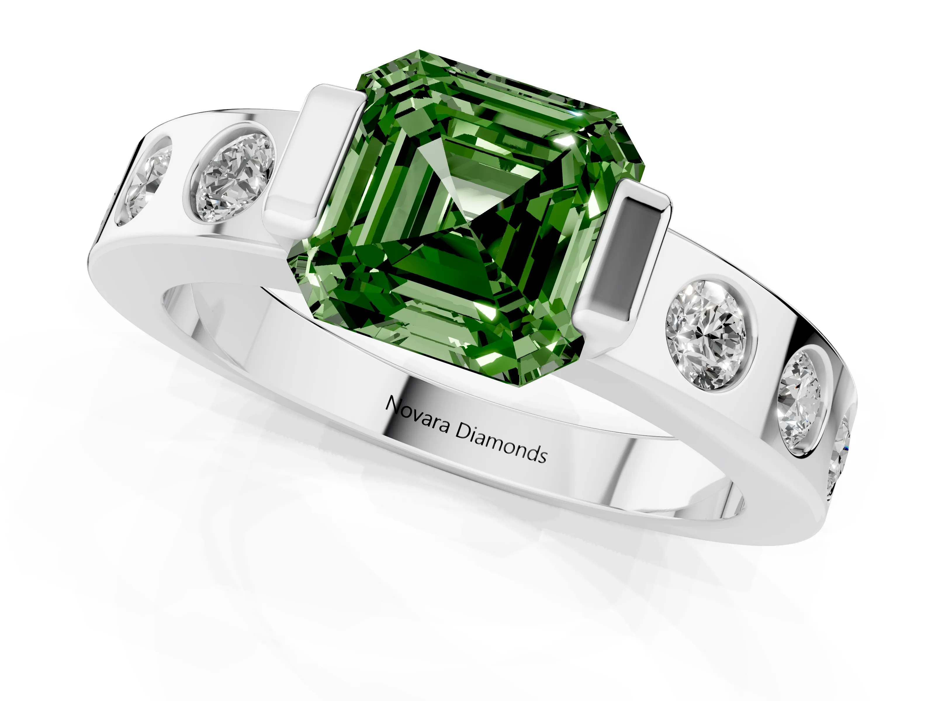 Fancy Green Asscher Cut Diamond Channel-Set Band Ring Set in Silver with Bezel Prong Setting