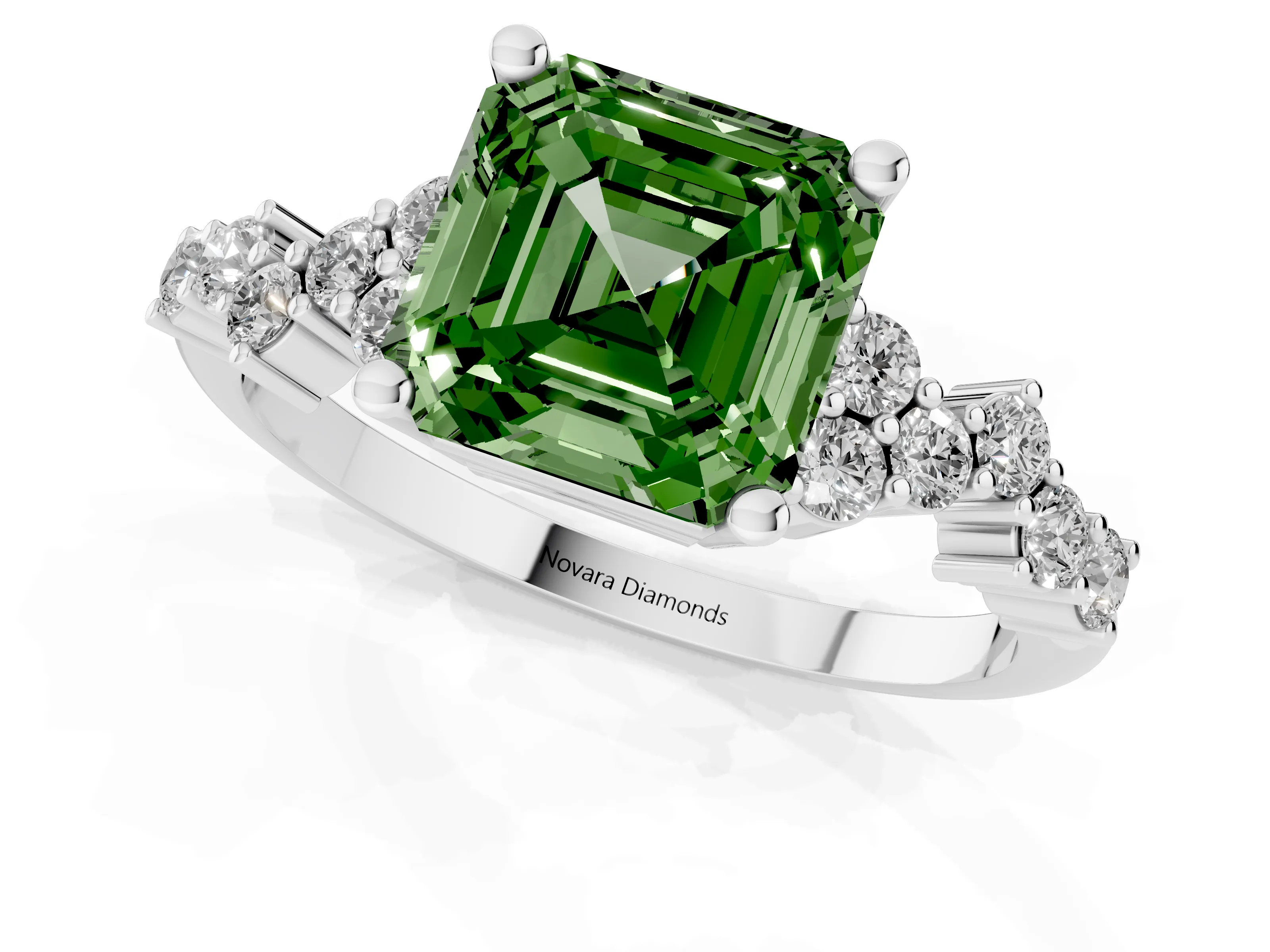 Fancy Green Asscher Cut Diamond Ring Set in Silver with Scattered Round Accents