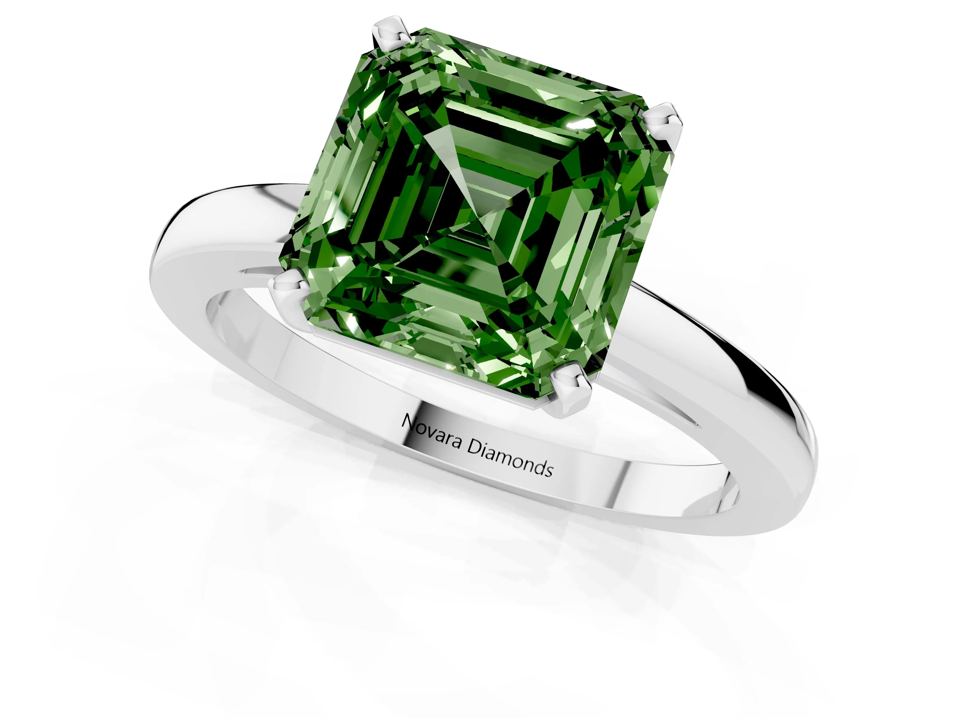 Fancy Green Asscher Cut Diamond Solitaire Engagement Ring Set in Platinum with Prong Setting on a Classic Band