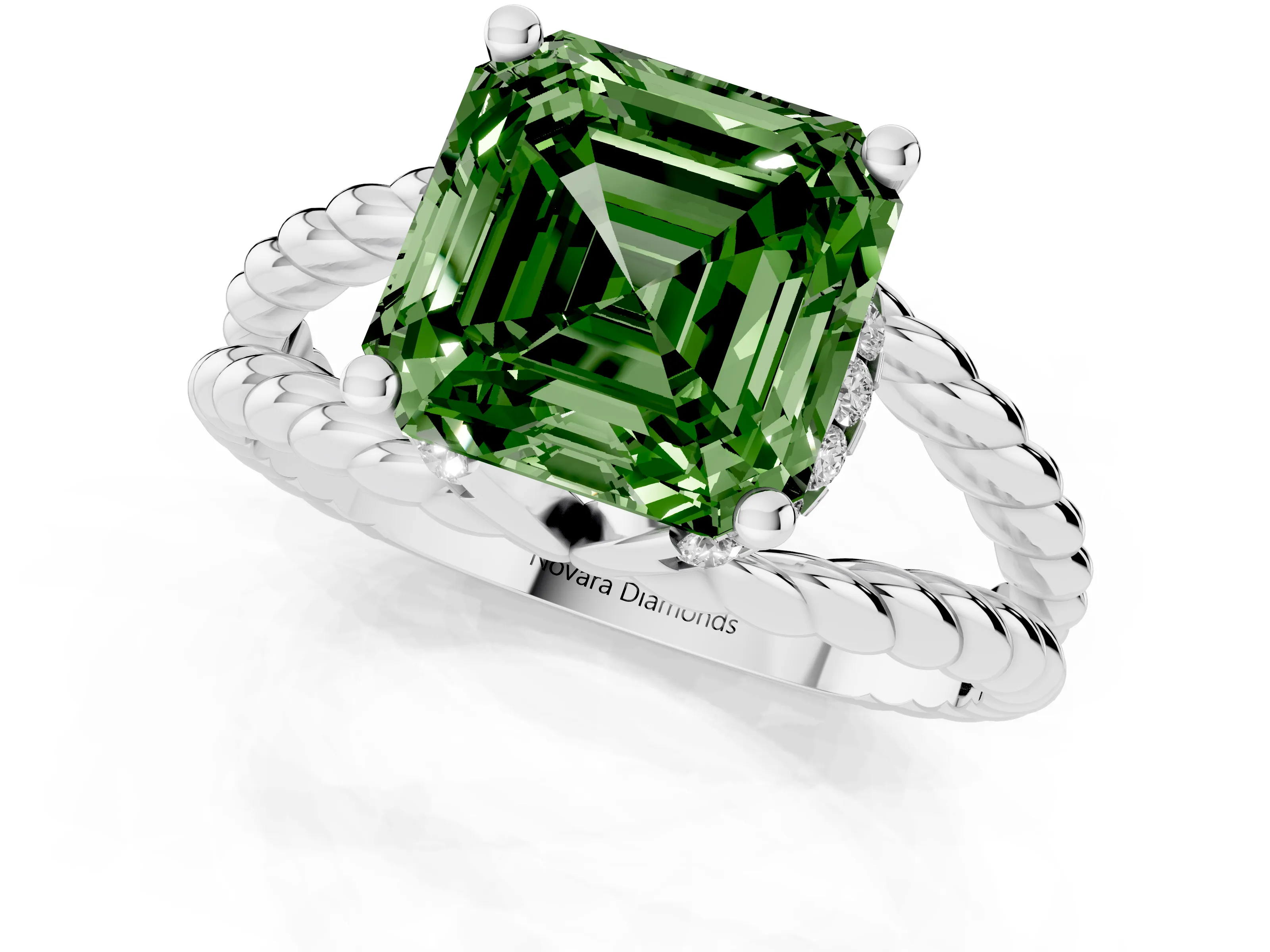 Fancy Green Asscher Cut Diamond Halo Ring Set in Silver with Twisted Band and Prong Setting