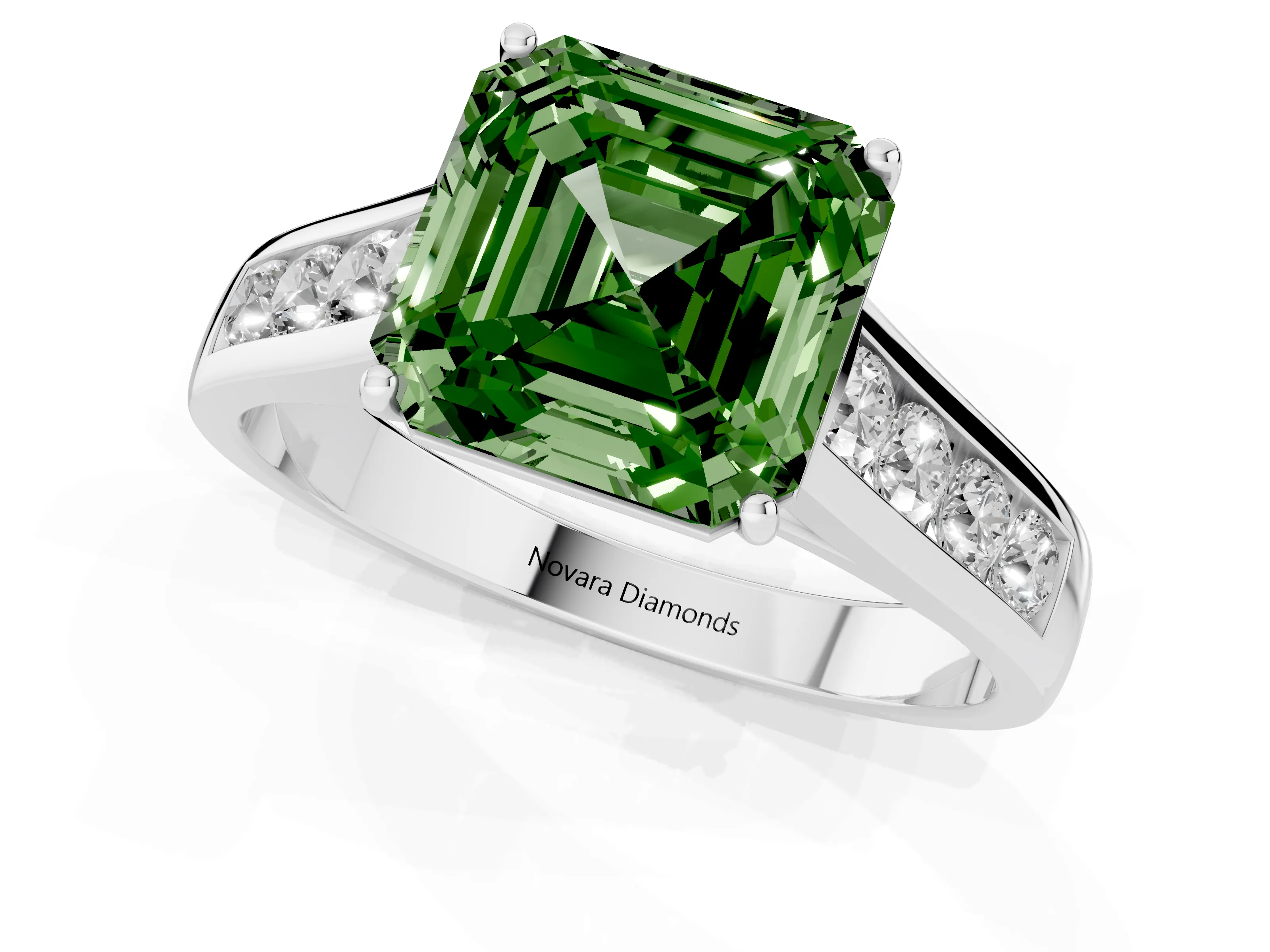 Fancy Green Asscher Cut Diamond Brilliant Channel-Set Solitaire Ring Set in White gold with Prong Setting