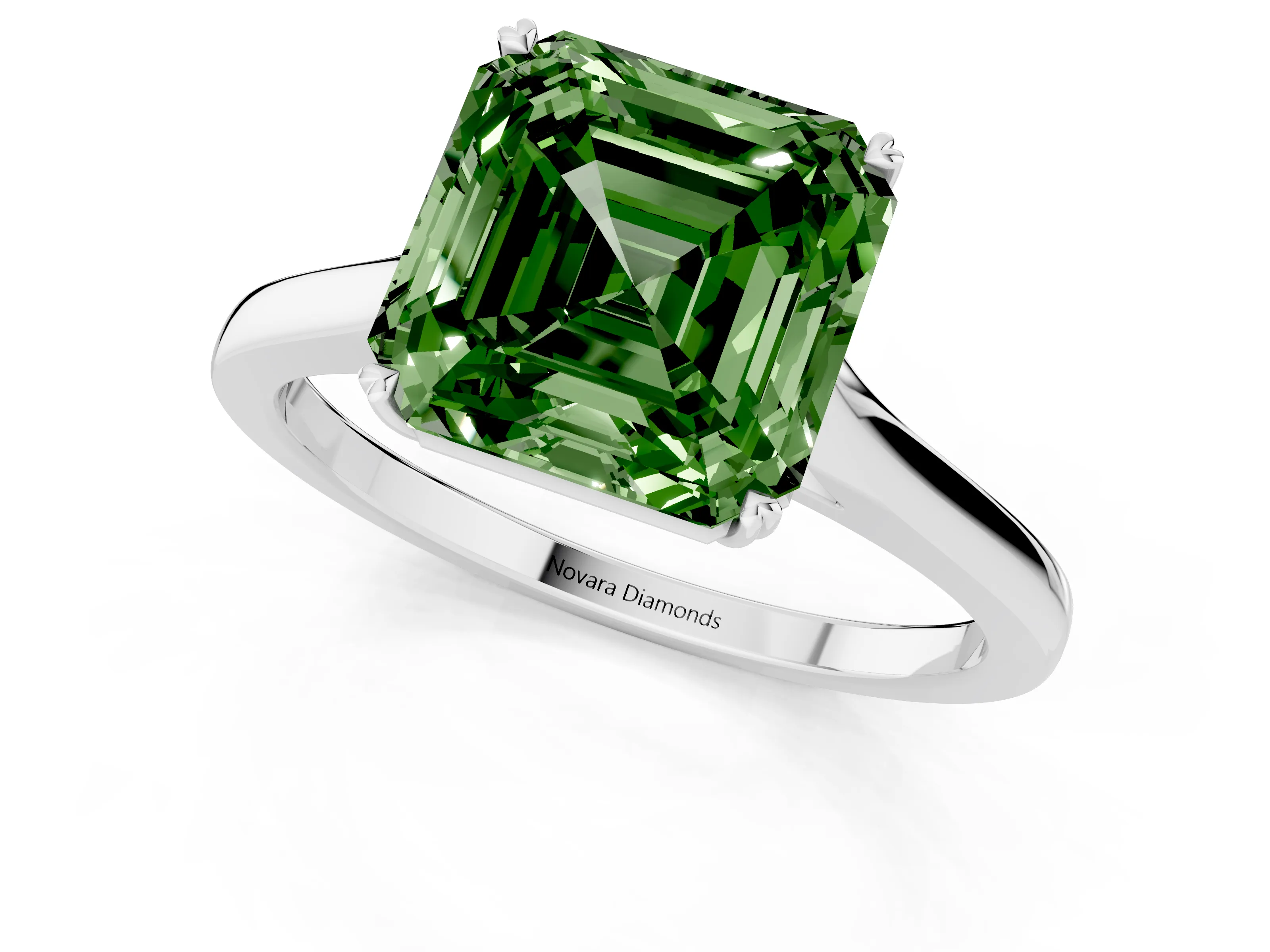 Fancy Green Asscher Cut Diamond Solitaire Heart Prong Engagement Ring Set in Platinum with Tapered Band