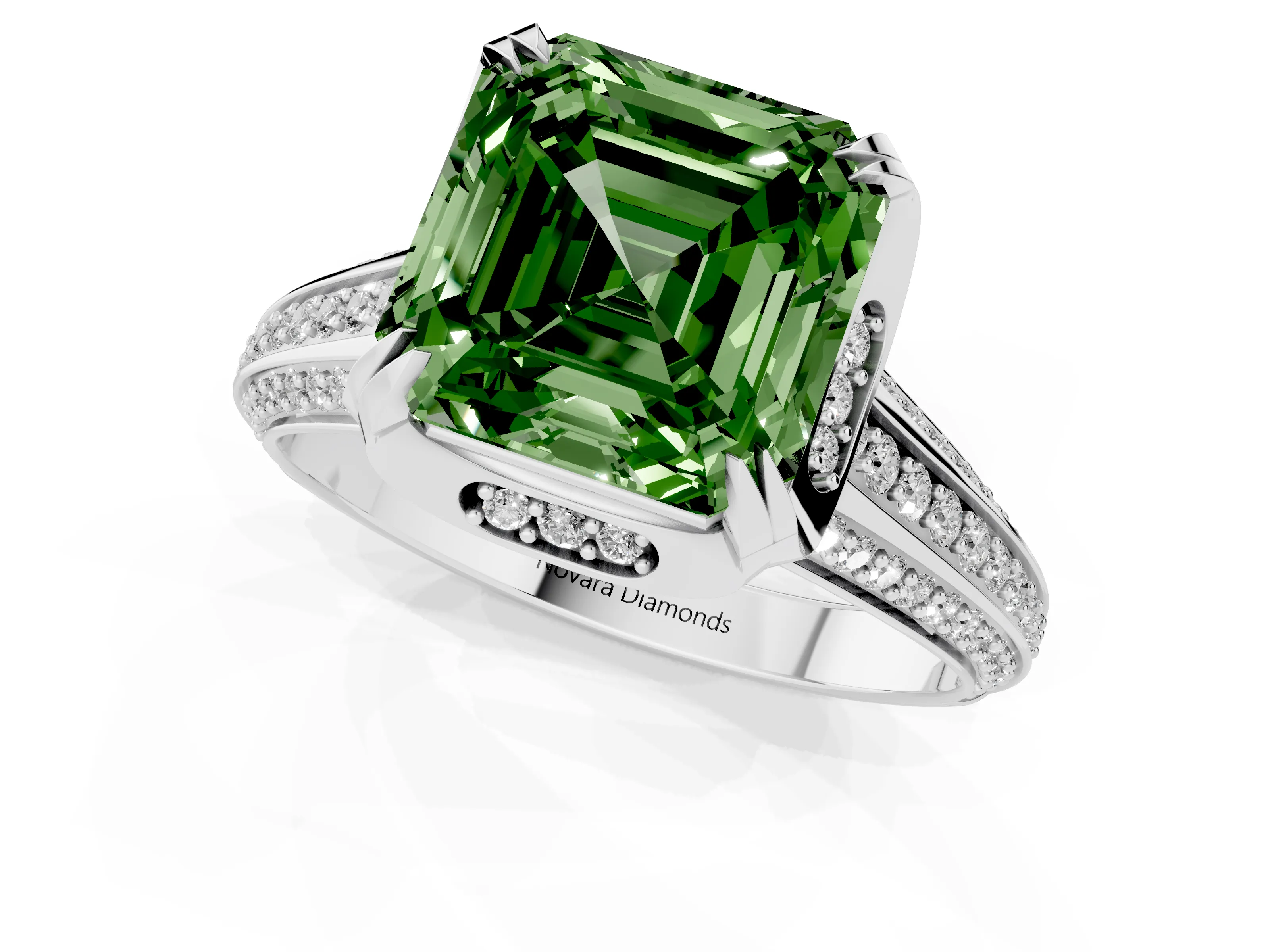 Fancy Green Asscher Cut Diamond Pavé Split Shank Solitaire Ring Set in Platinum with Prong Setting