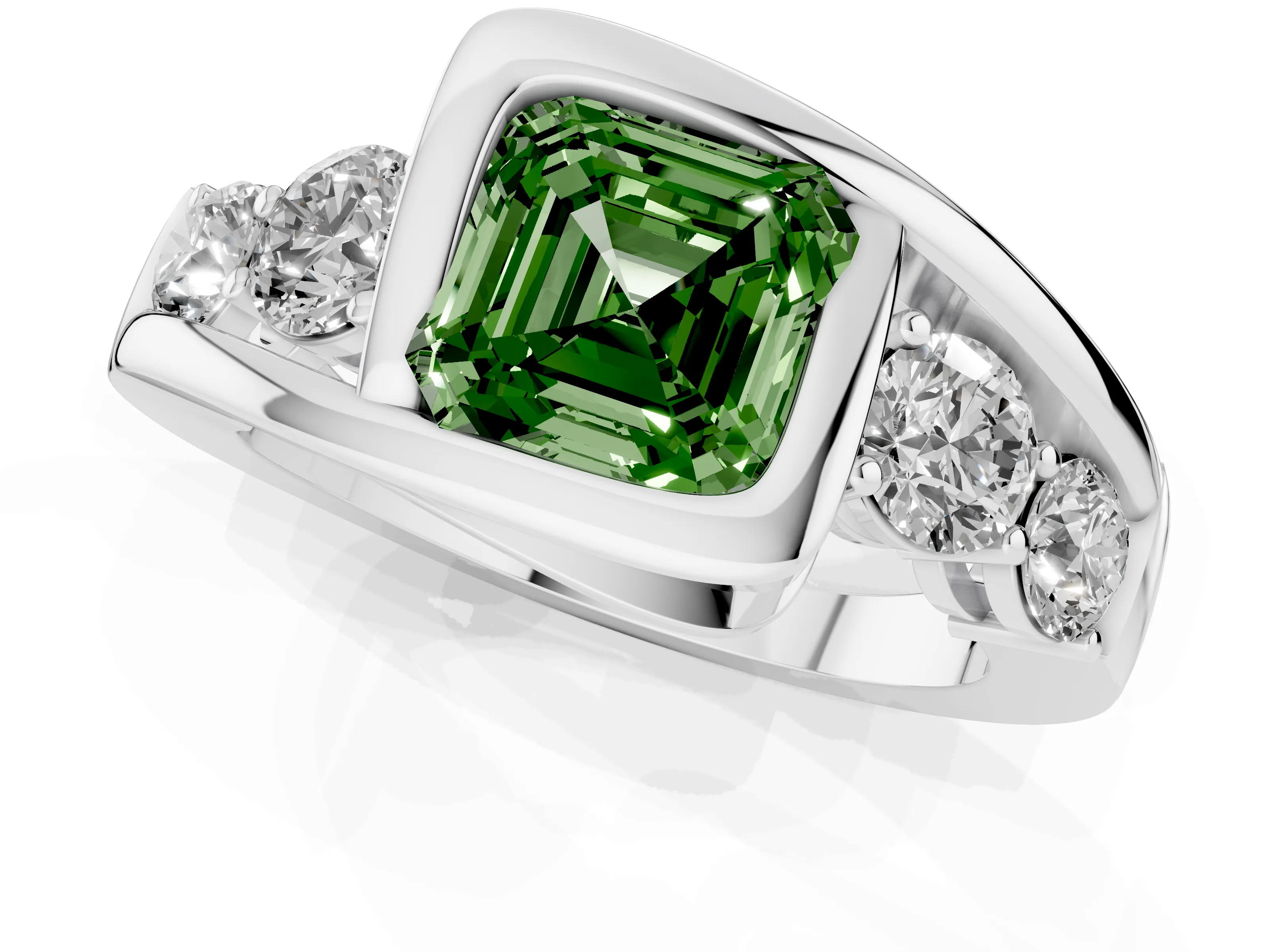 Fancy Green Asscher Cut Diamond Bezel Bypass Ring Set in Silver with Round Accents
