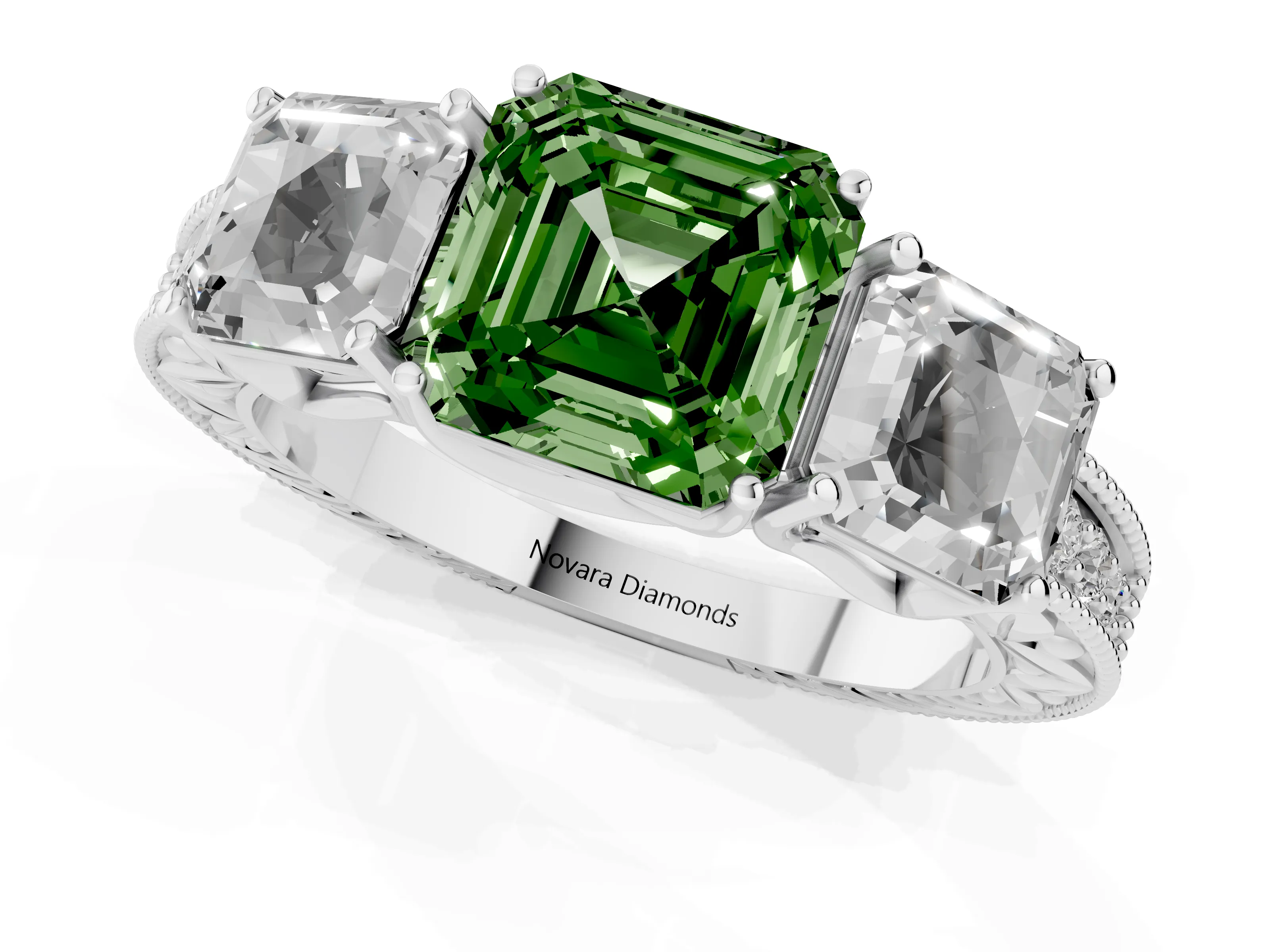 Fancy Green Asscher Cut Diamond Three-Stone Engagement Ring Set in Platinum with Milgrain Pavé Band