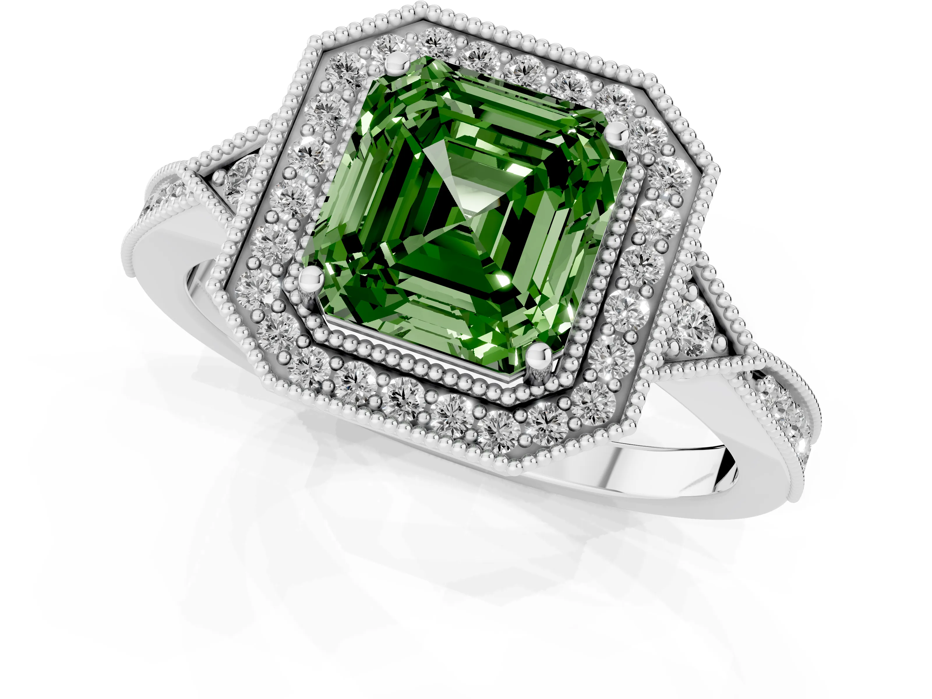 Fancy Green Asscher Cut Diamond Halo Engagement Ring Set in White gold with Milgrain Pavé Band