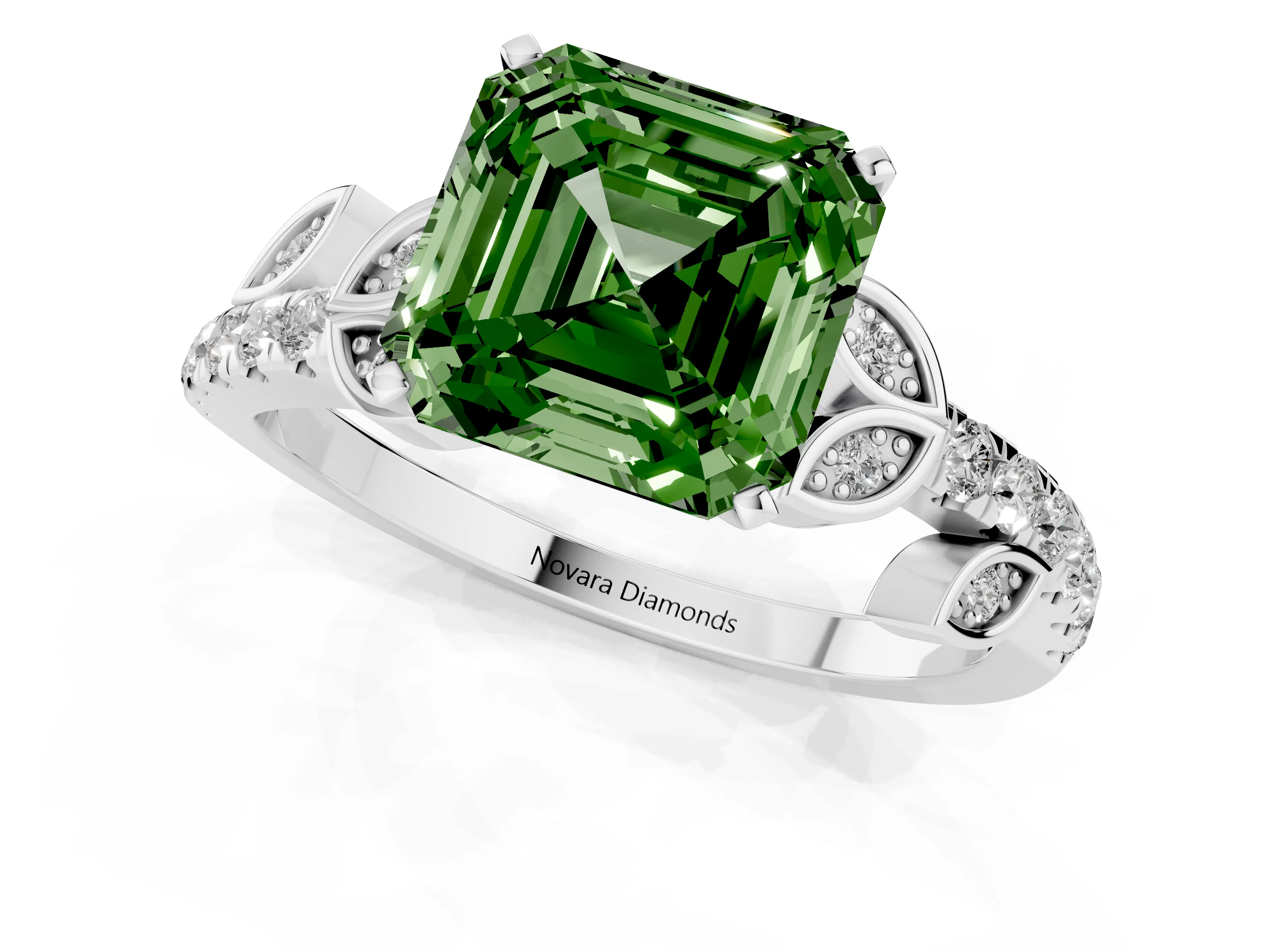 Fancy Green Asscher Cut Diamond Solitaire Leaf-Inspired Ring Set in White gold with Pavé Band and Prong Setting