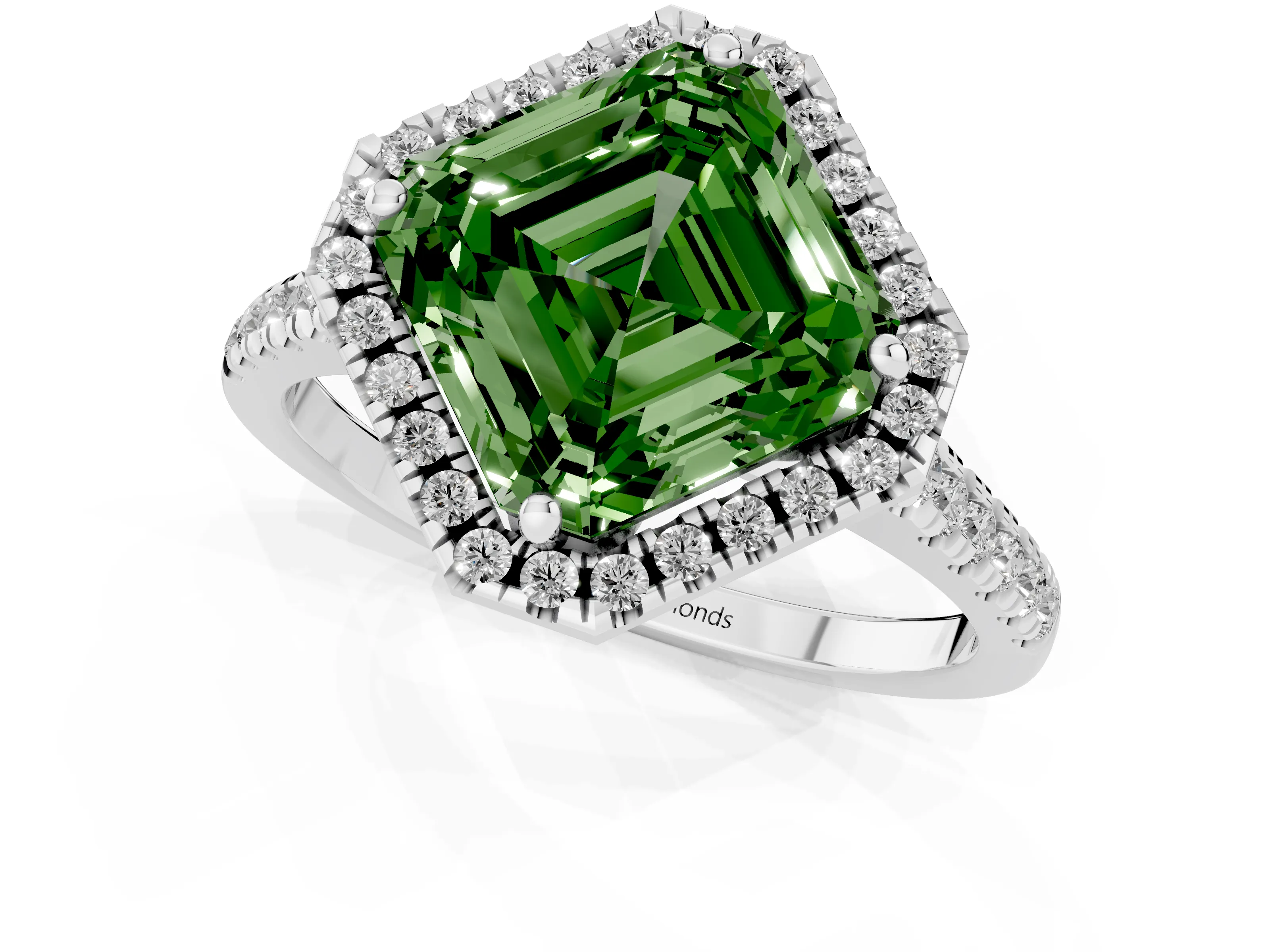 Fancy Green Asscher Cut Diamond Cushion Halo Ring Set in White gold with Pavé Band – second view