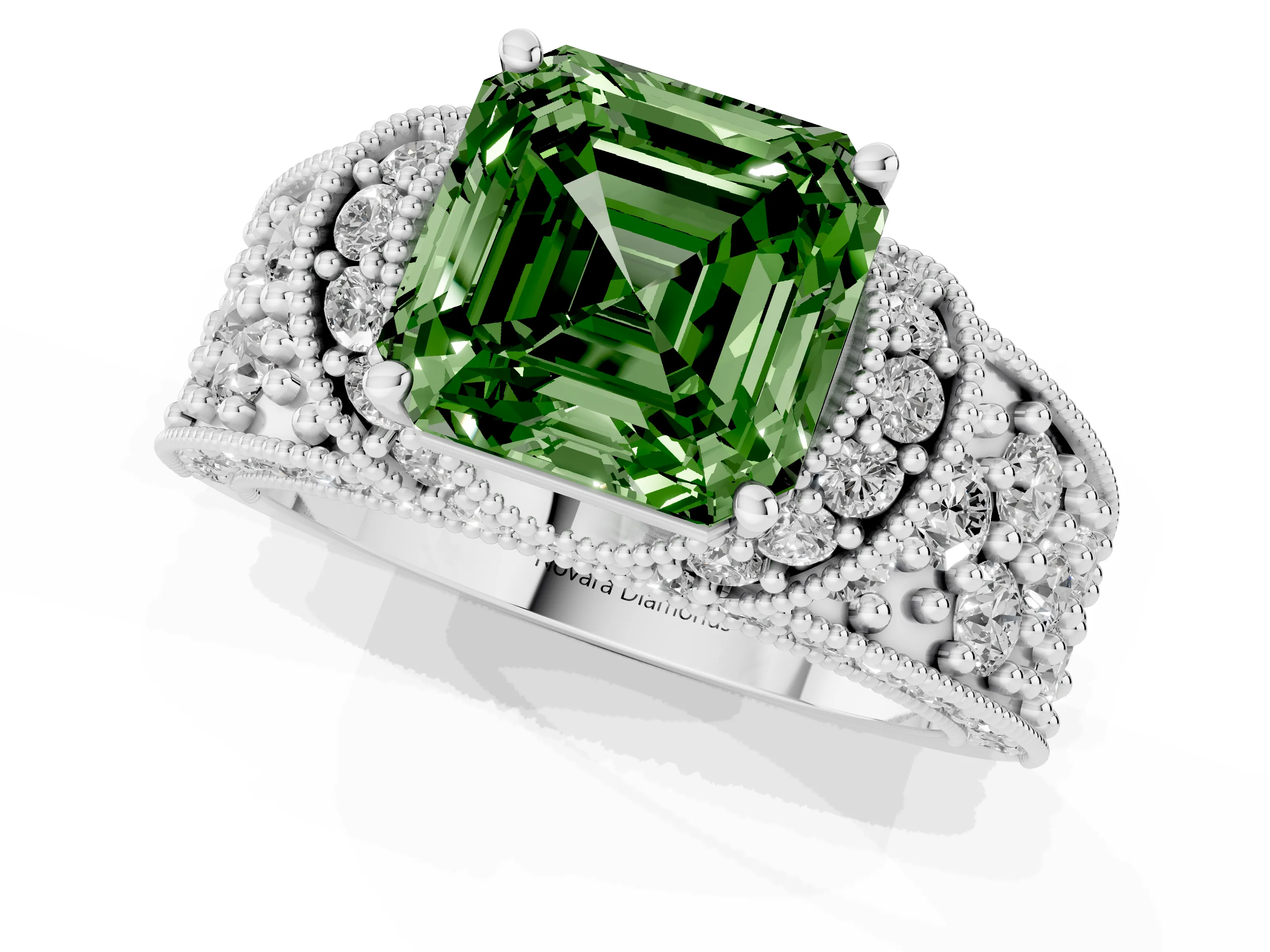 Fancy Green Asscher Cut Diamond Milgrain Halo Pavé Engagement Ring Set in Platinum with Prong Setting