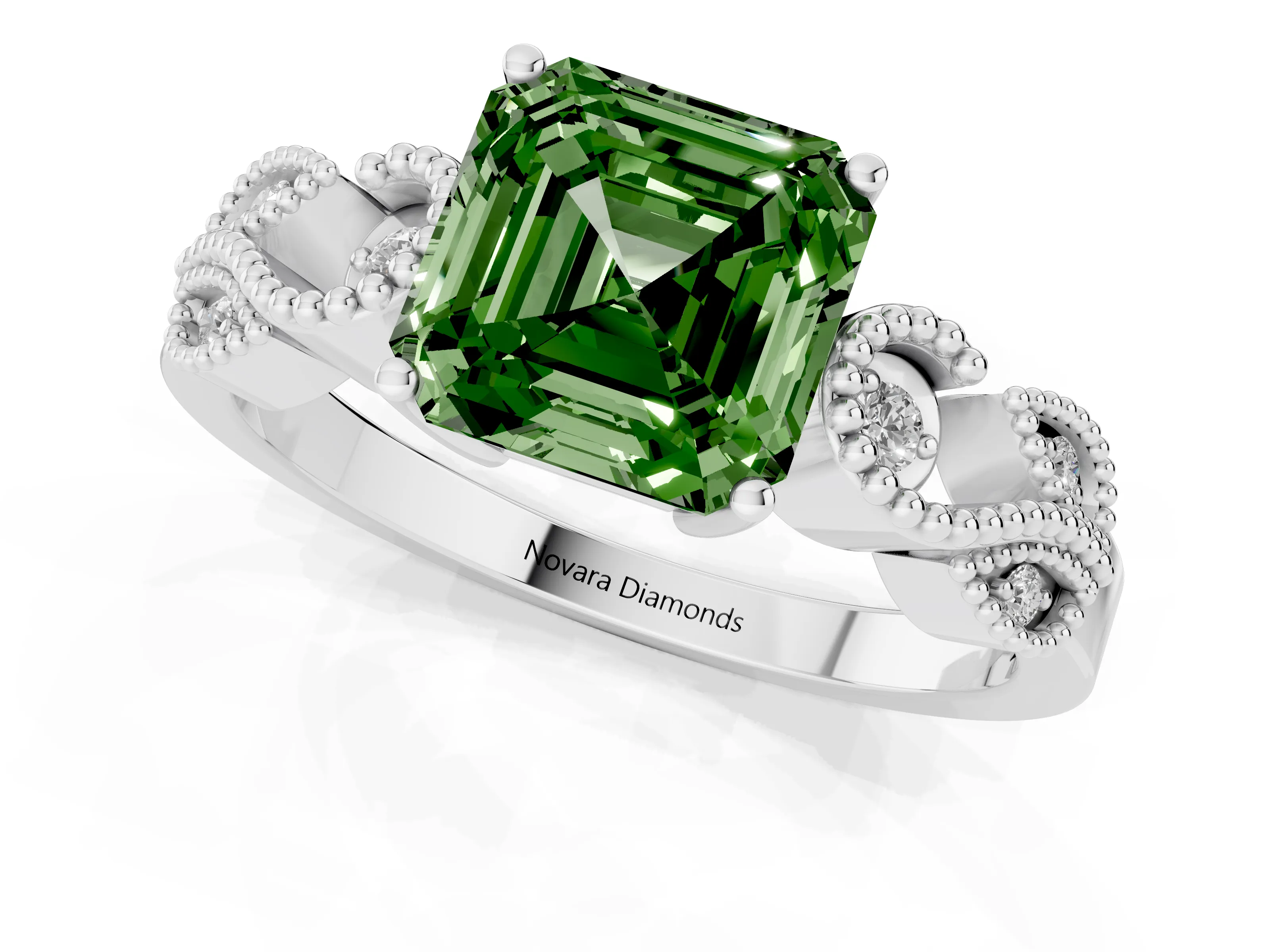 Fancy Green Asscher Cut Diamond Milgrain Leaf Band Solitaire Ring Set in White gold with Accent Stones and Prong Setting