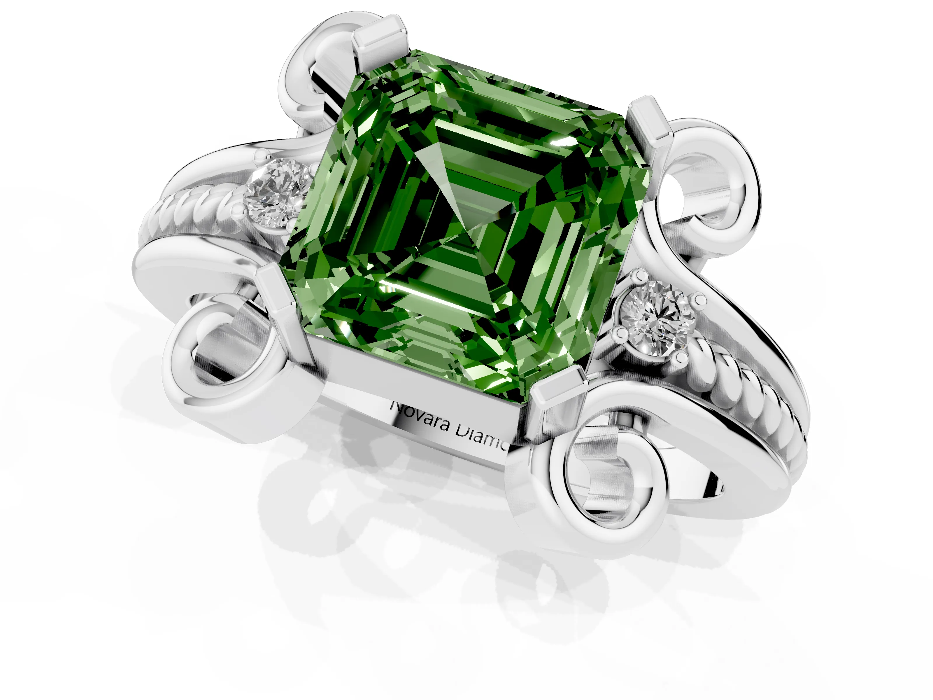 Fancy Green Asscher Cut Diamond Twisted Band Solitaire Ring Set in Platinum with Scroll Prongs