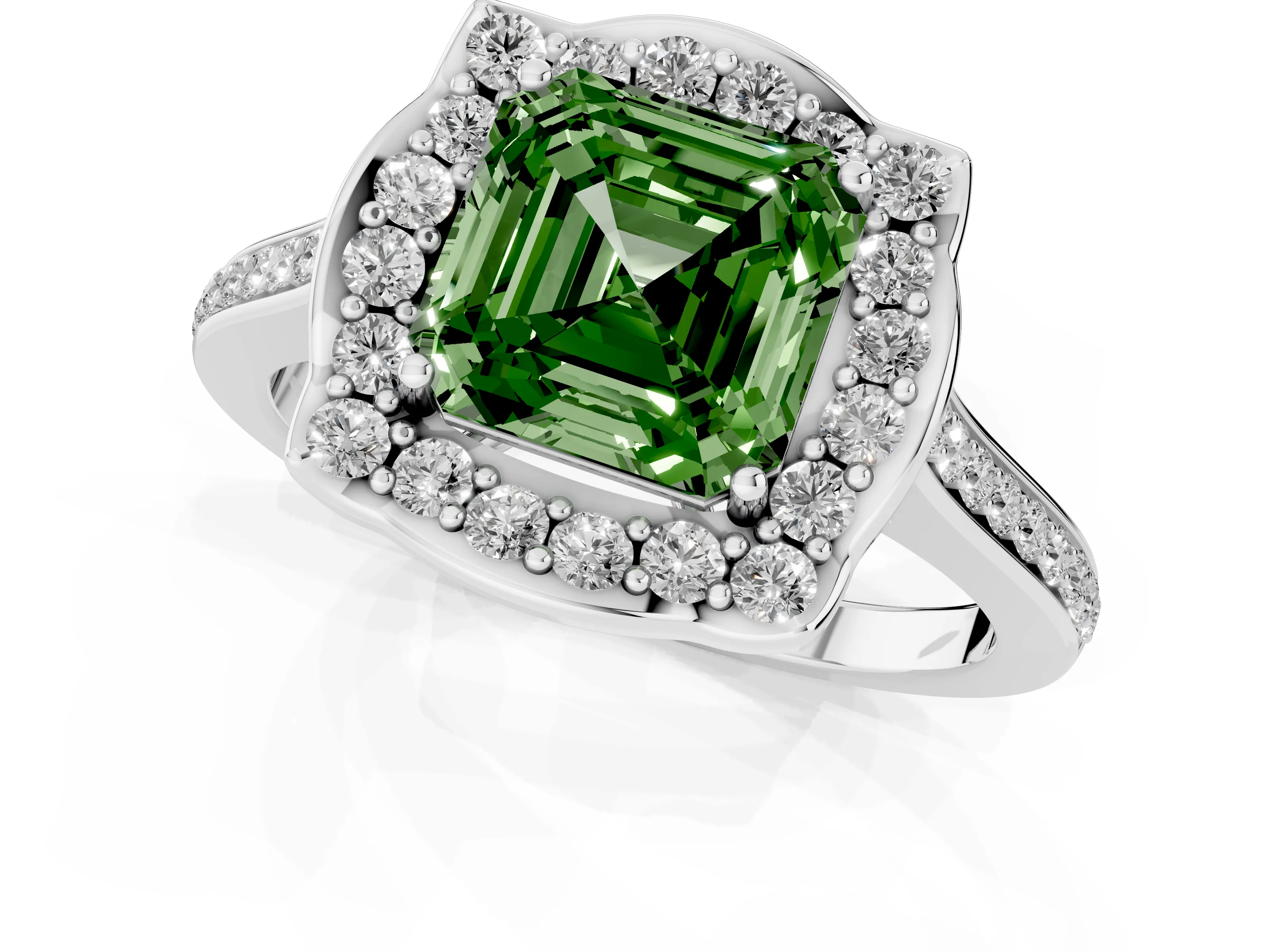Fancy Green Asscher Cut Diamond Halo Ring Set in Silver with Pavé-Lined Shoulders and Prong Setting